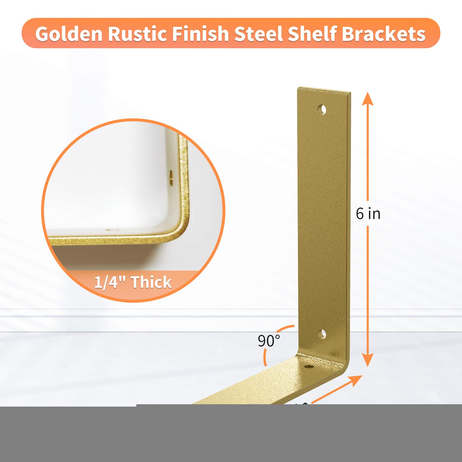 10 Inch Heavy Duty Gold Iron L Shelf Brackets - Industrial Modern Floating Shelf Supports for Wall Mounted Shelves - Perfect for Home Office, Kitchen, and Garage Storage Organization
