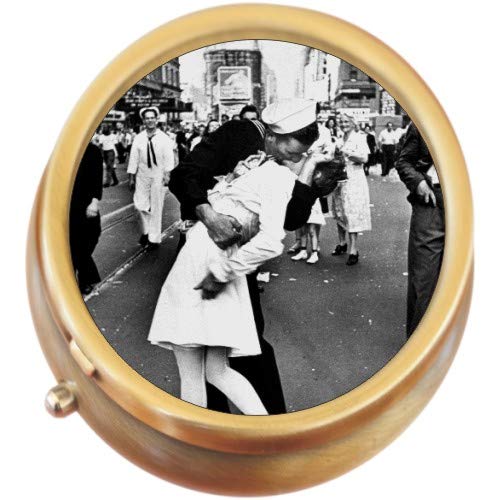 Famous Kiss Brass Round Pill Box - Elegant Vintage Metal Pill Case for Daily Medication Storage - Perfect for Travel, Home & Office Use