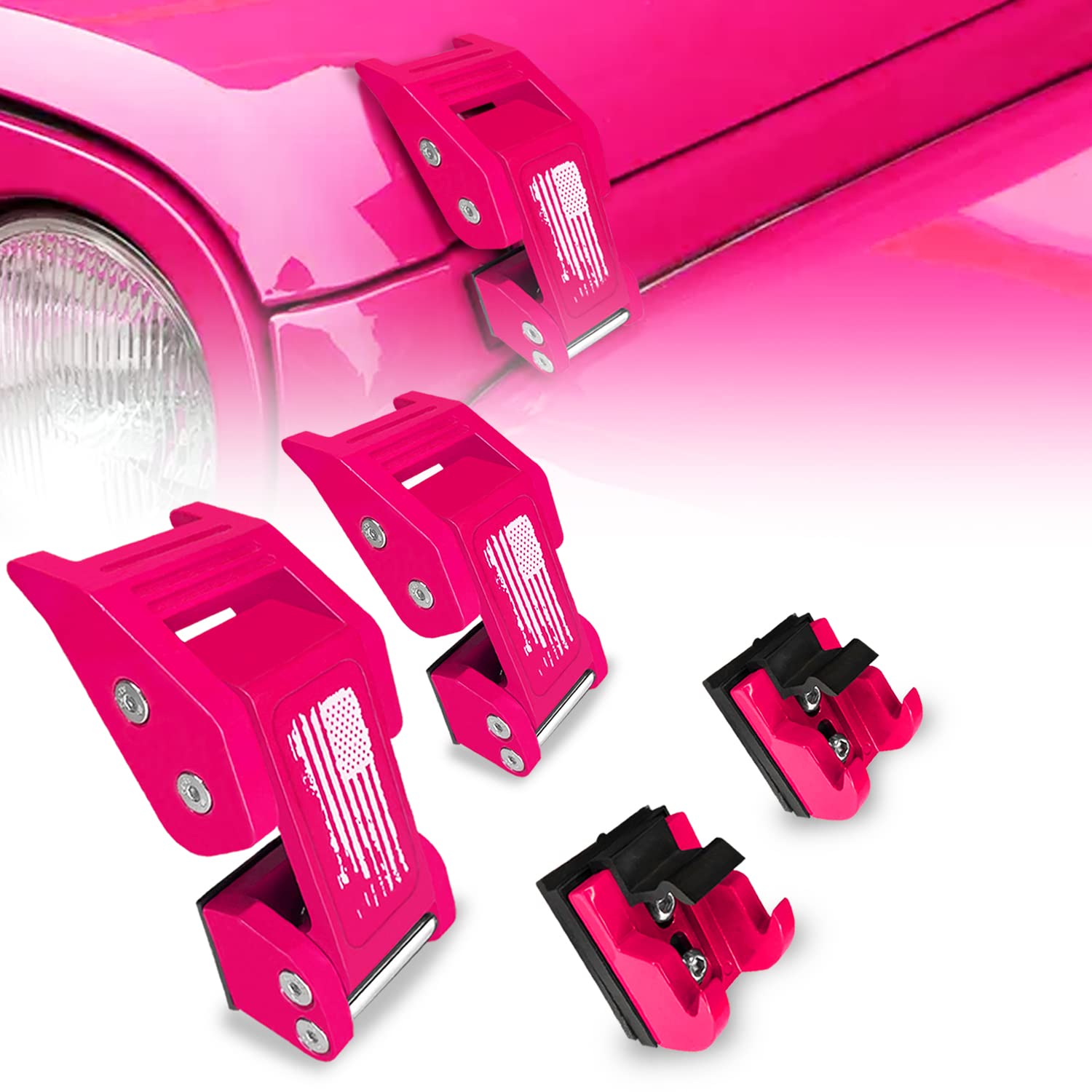 Jeep Wrangler JK JKU JL JLU Gladiator JT Adjustable Aluminum Hood Latches with US Flag - Compatible 2007-2021 Models - Pink Hood Latch Catches Kit (1 Pair) for Off-Roading & Customization