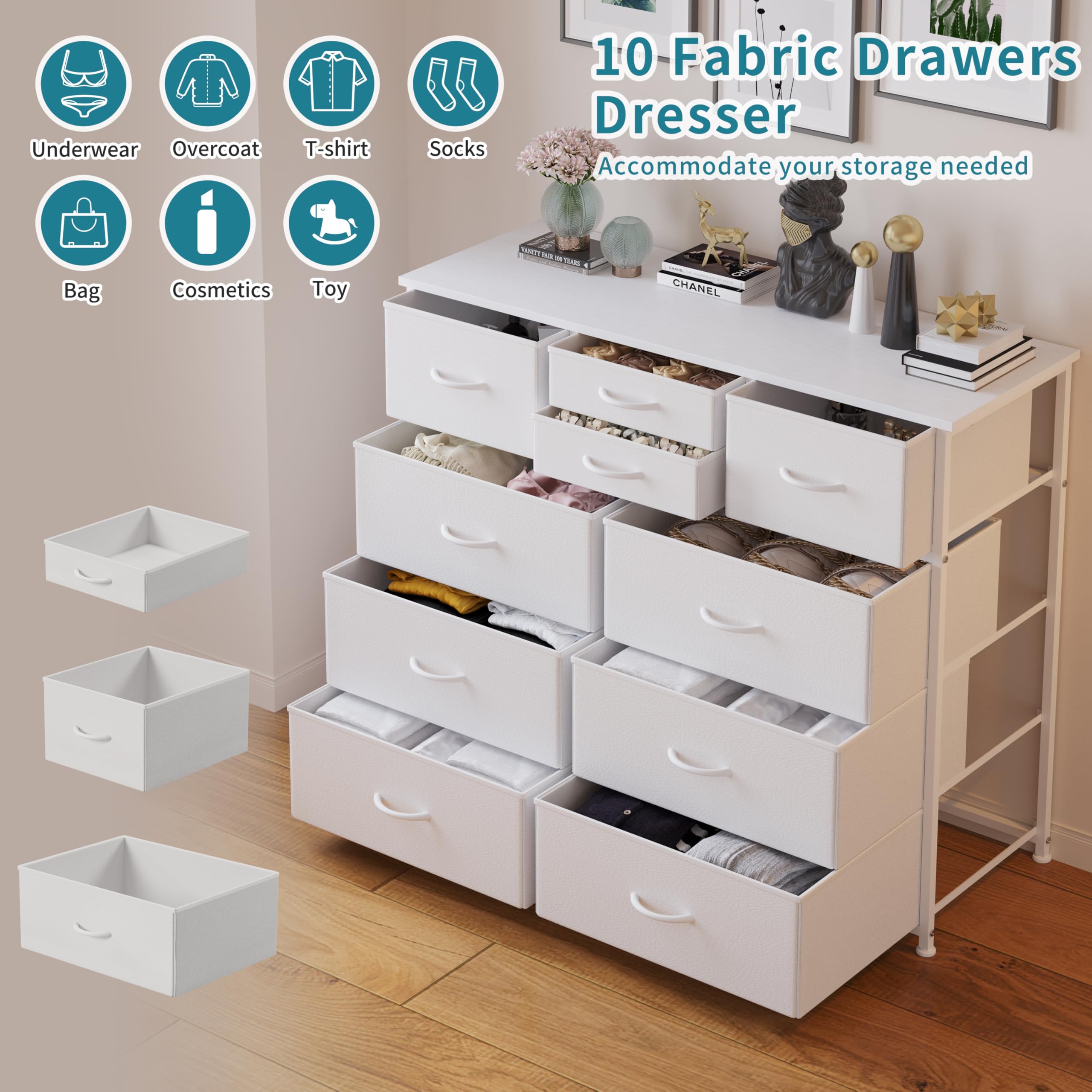 LUMTOK 10-Drawer Fabric Dresser with Steel Frame & Wood Top - Easy Pull Handle Storage Organizer for Bedroom, Hallway, Nursery & Closet - Perfect for Home Organization & Space Saving (White)