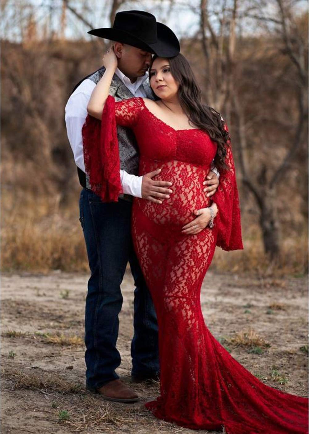 ZIUMUDY Flared Sleeve Lace Maternity Maxi Dress - Off Shoulder See-Through Sexy Pregnancy Gown for Photoshoot, Baby Shower & Special Occasions