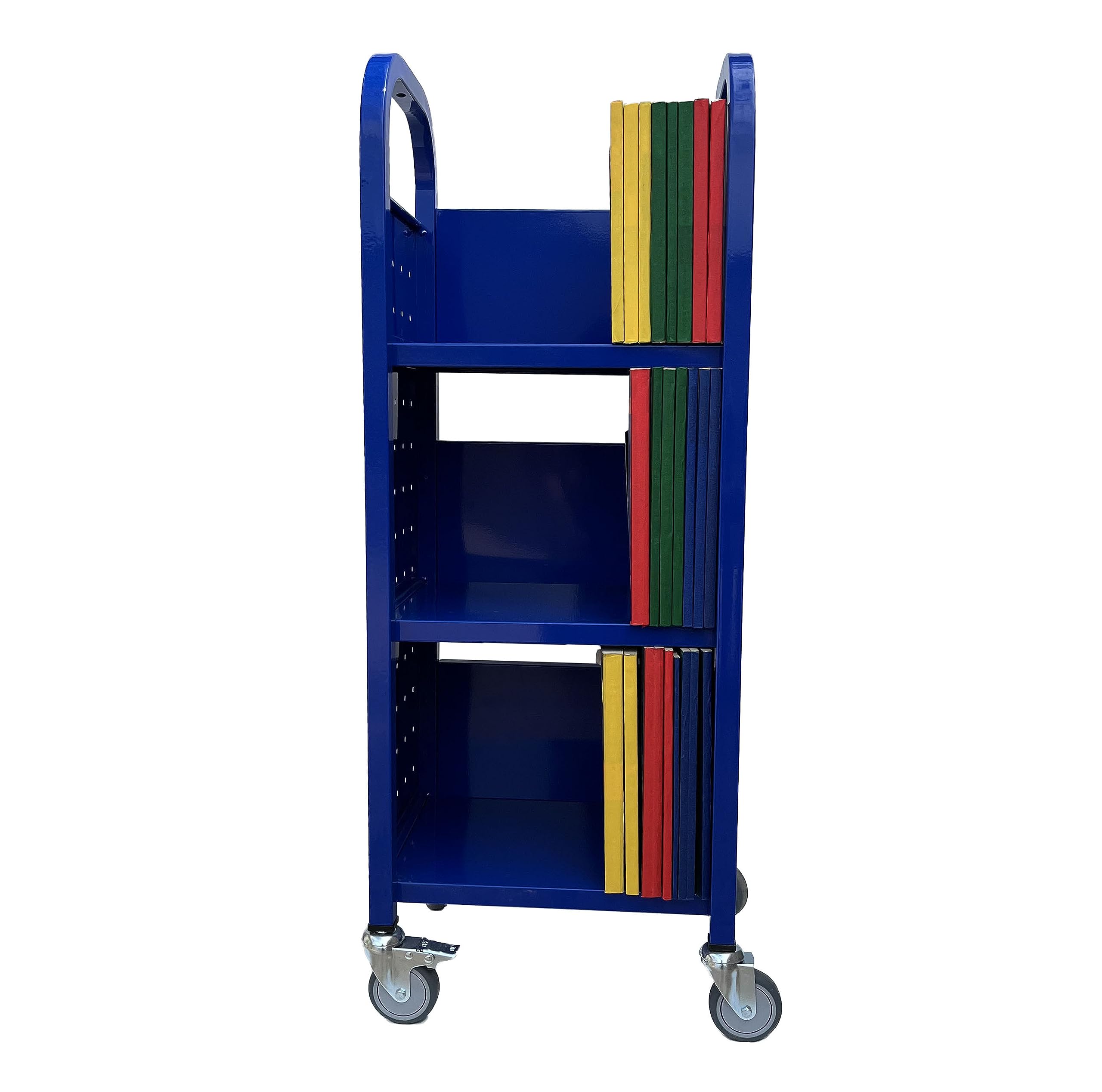 Heavy Duty Workington Single Bank Rolling Book Truck with 3 Flat Shelves - Mobile Library Book Cart with Swivel Locking Casters 3000 Blue - Perfect for Libraries, Schools, and Office Document Organization