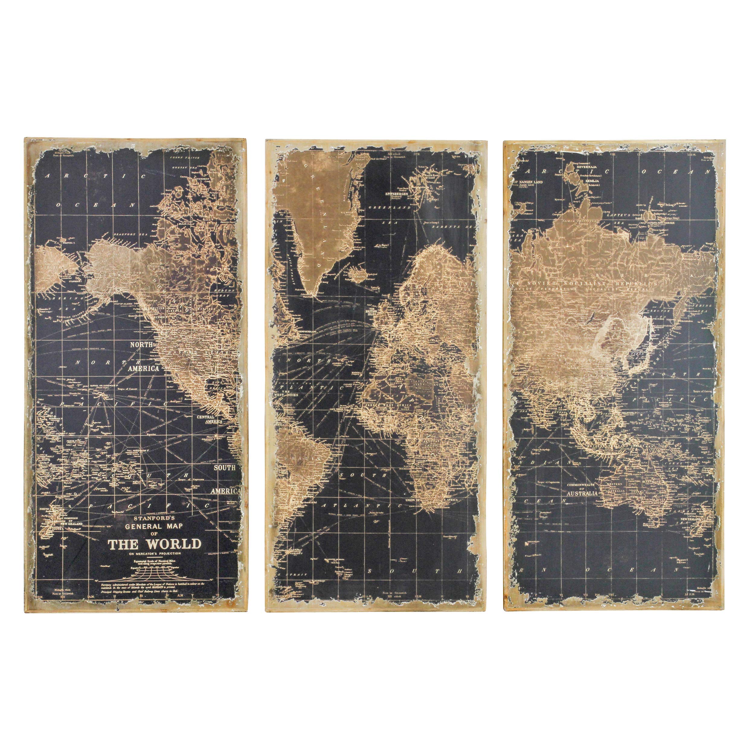 Stanford World Map Wall Decor Set of 3 - Black & Brown Vintage Style Framed Maps - Perfect for Home Office, Living Room or Classroom Decor (1434)