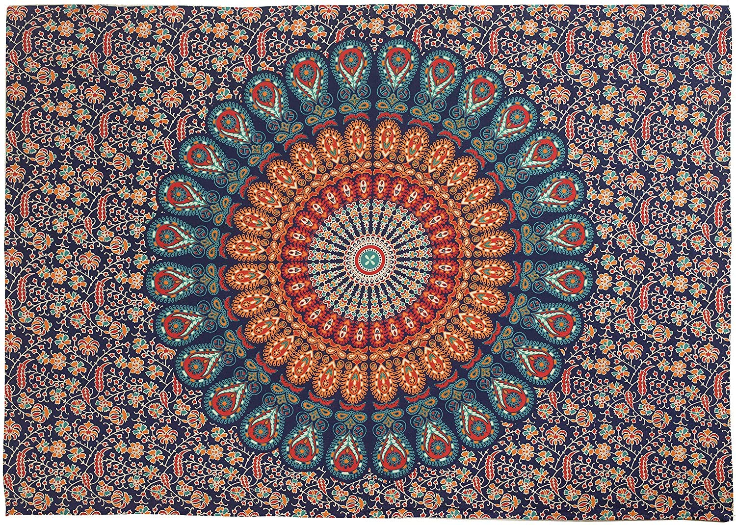 GDONLINE Cotton Wall Hanging Indian Mandala Tapestry - Bohemian Peacock Feather Wall Decor for Home, Dorm, Yoga Studio & Beach - 40 x 30 Inch Hippie Bedspread, Yoga Mat Cover & Bohemian Throw Blanket