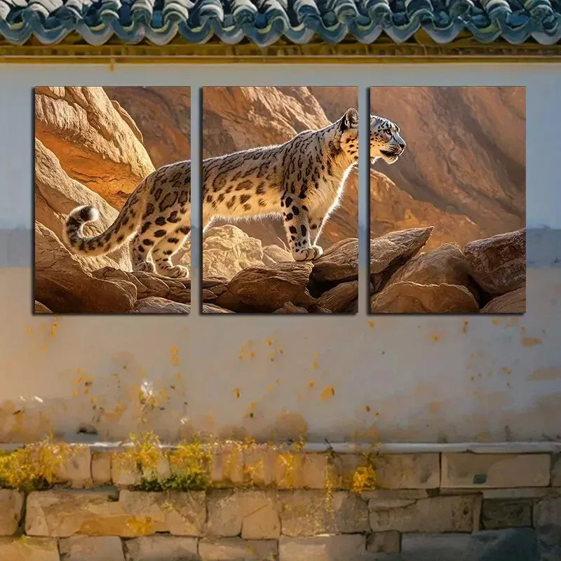 3-Piece Leopard on Rocky Cliff Wildlife Wall Art Set - Modern Blue Nature Canvas Framed 50x70cm - High Quality Print - 100% Australian Made - Ready to Hang - Perfect for Living Room, Bedroom & Office Decor