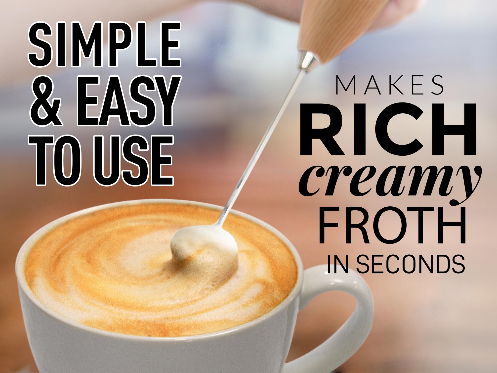 Premium PRO MILK FROTHER WAND - High Speed Handheld Milk Frother with Upgraded Stand - Powerful Electric Foam Maker with Stainless Steel Whisk (Oak) - Perfect for Lattes, Cappuccinos, Hot Chocolate & Baking at Home