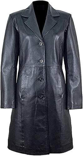 Premium Black Lambskin Leather Trench Coat for Women - Elegant Long Coat with Belt | Perfect for Fall/Winter Fashion, Office Wear & Evening Outfits