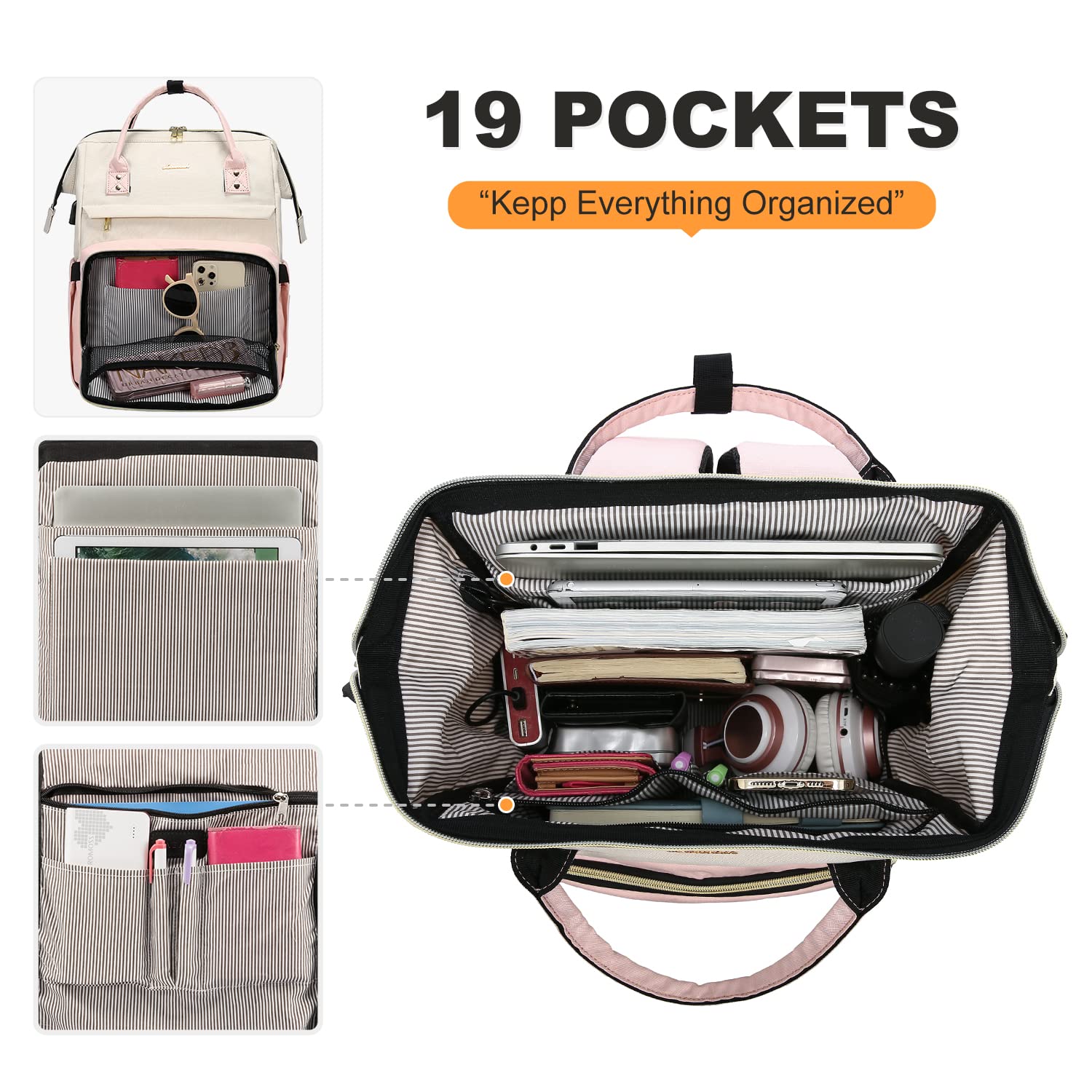 LOVEVOOK 17-inch Laptop Backpack for Women - Large Capacity Fashion Work Computer Bag, Travel & Business Backpack for Professionals, Nurse & Doctor Backpack (Beige-Pink) - Perfect for Office, School, Commuting & Travel