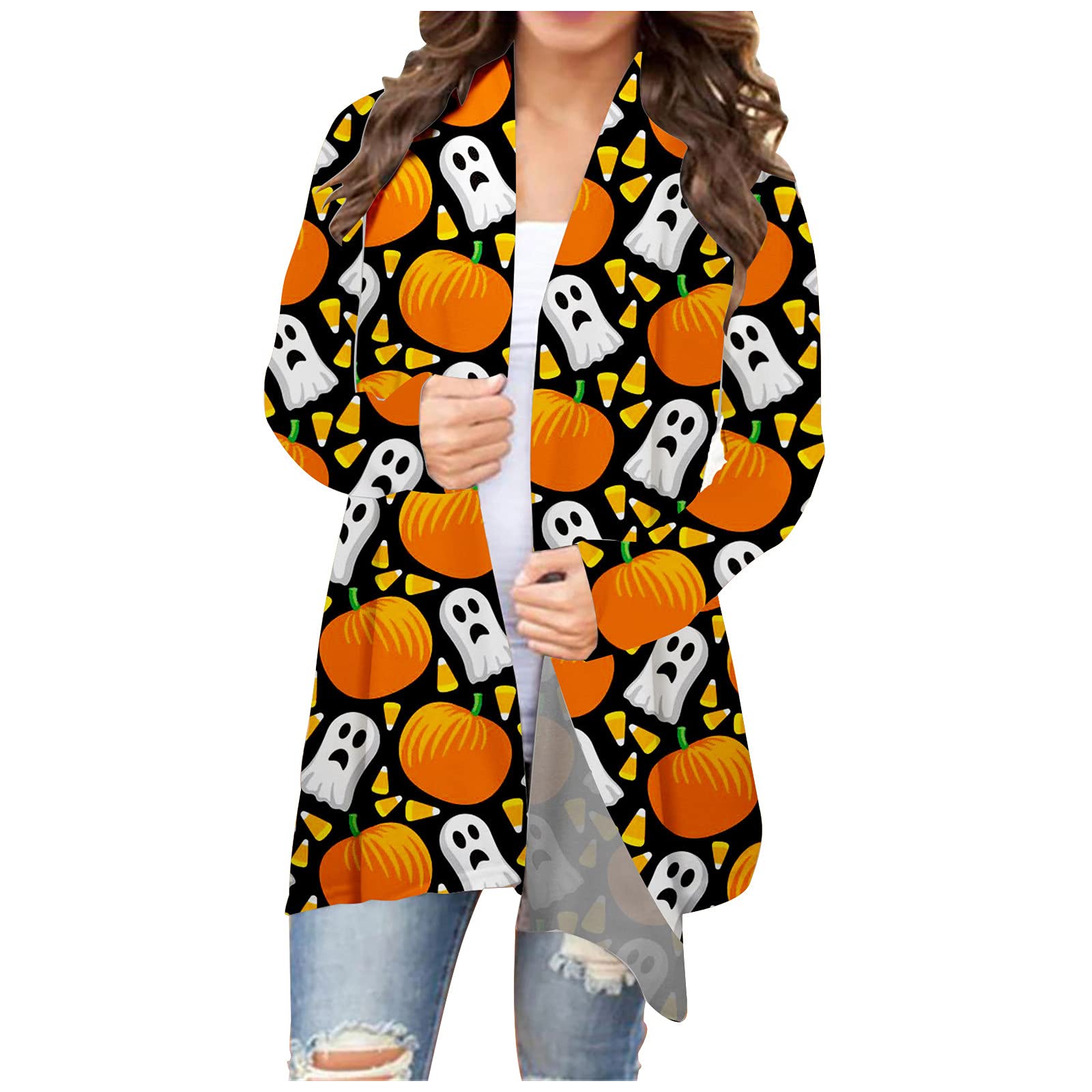 Women's Lightweight Open Front Cardigan Sweater - Long Sleeve Soft Coat with Halloween Pumpkin Ghost Print | Perfect for Fall Layering, Office Wear & Cozy Home Outfits