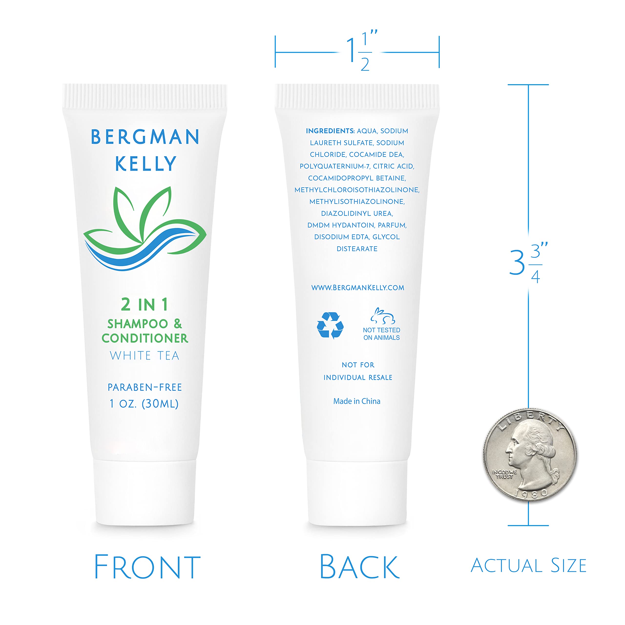 Bergman Kelly - 2 in 1 Travel Size Shampoo & Conditioner (1 fl oz, 100 Pack) - White Tea Scent - Bulk Hotel Toiletries for Guests | Revitalizing & Refreshing Hair Care | Perfect for Hotels, Spas, Gyms & Travel Amenities