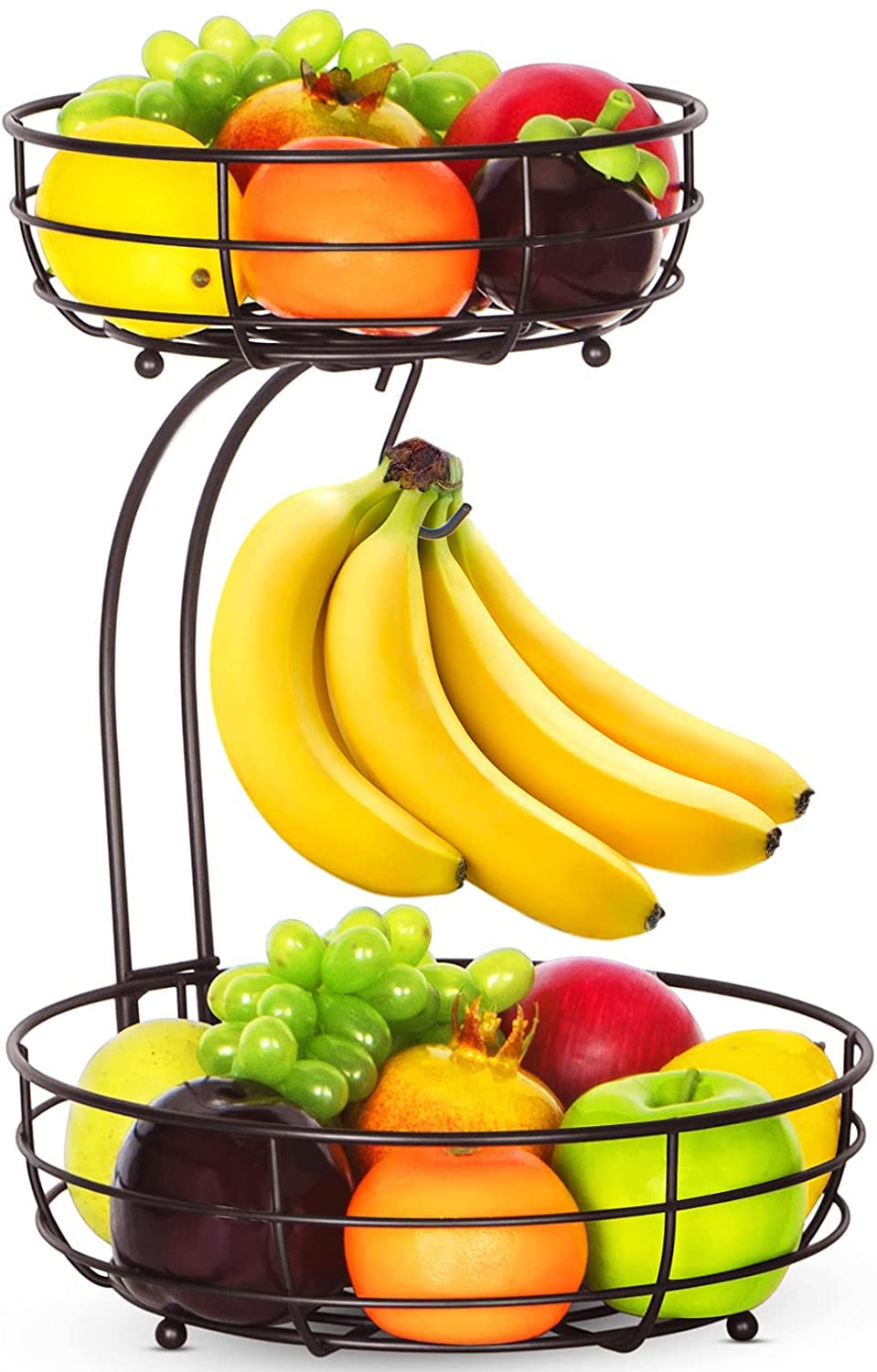 2-Tier Metal Fruit Basket with Banana Hanger - Kitchen Countertop Organizer for Fruits, Veggies & Snacks