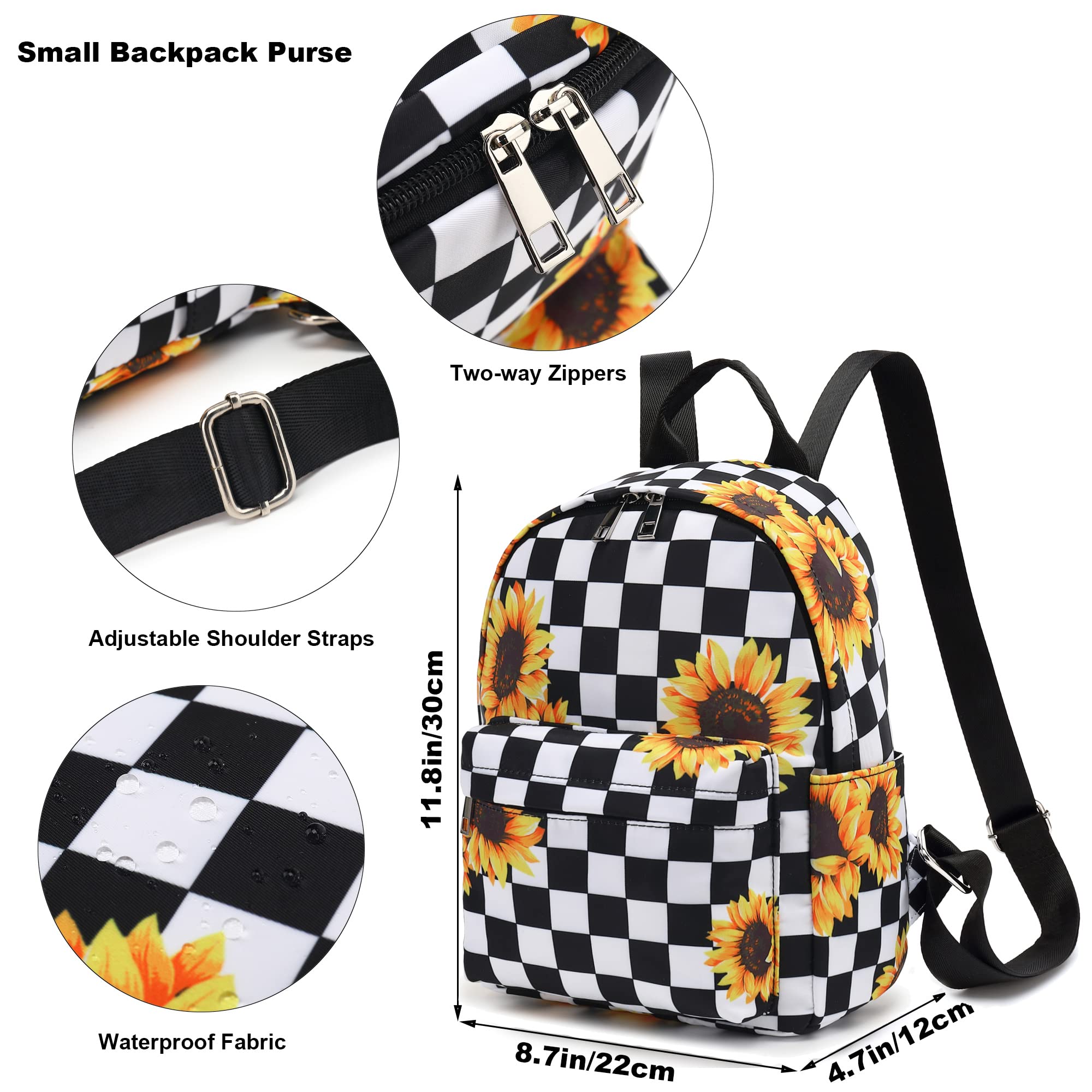 Stylish Mini Backpack for Women & Girls - Small Cute Backpack Purse for Teens, Kids School, Travel & Daily Use (Checkered Sunflower Pattern) - Perfect for School, Shopping, Outings & Weekend Adventures