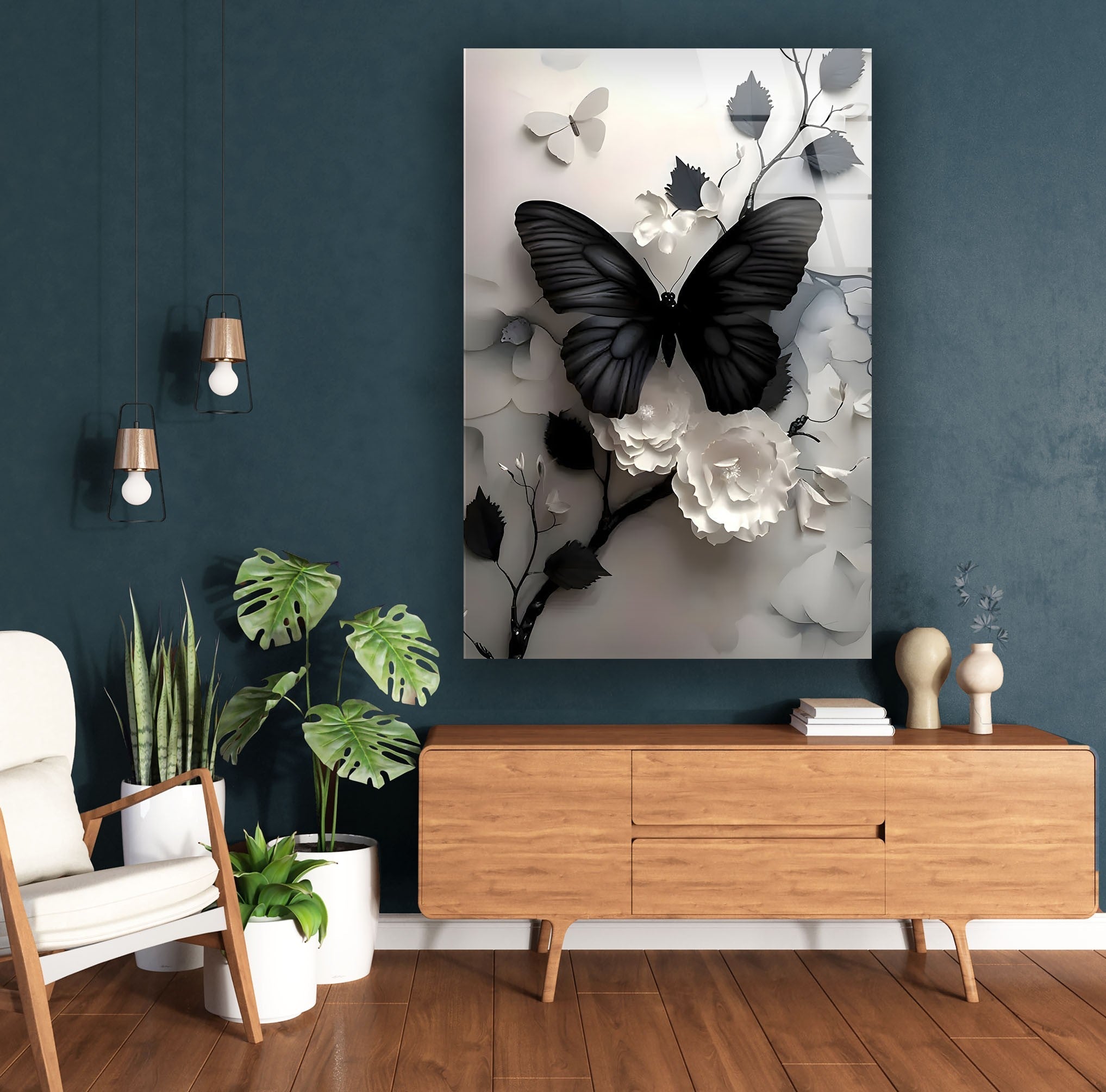 Elegant Black Butterfly & Floral Glass Wall Art - Handmade Decorative Panel for Living Room, Bedroom, or Office Decor