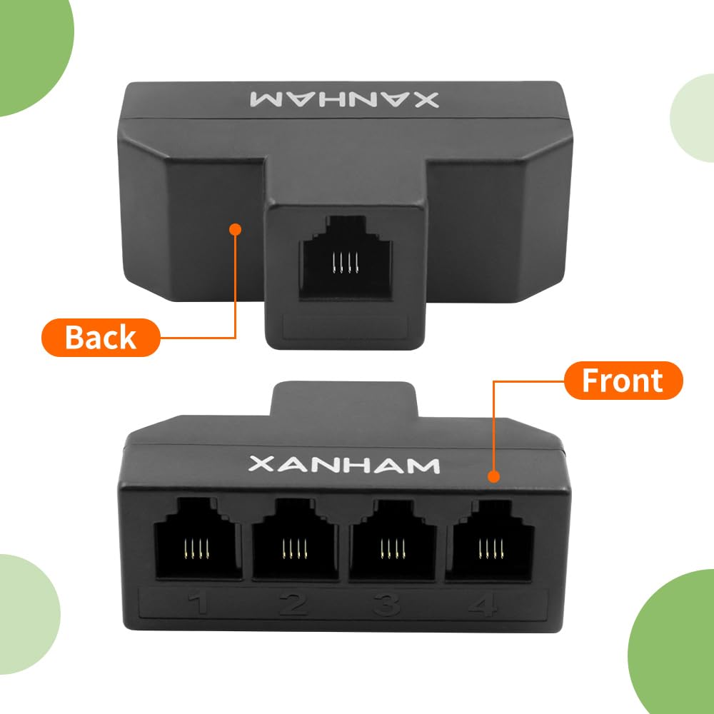 RJ11 Cable 4 Way Splitter 6P4C Phone Line Adapter with 3-inch Cord for Landline Telephone - Black (AV01403) | Perfect for Home/Office Phone Systems & VoIP Connections