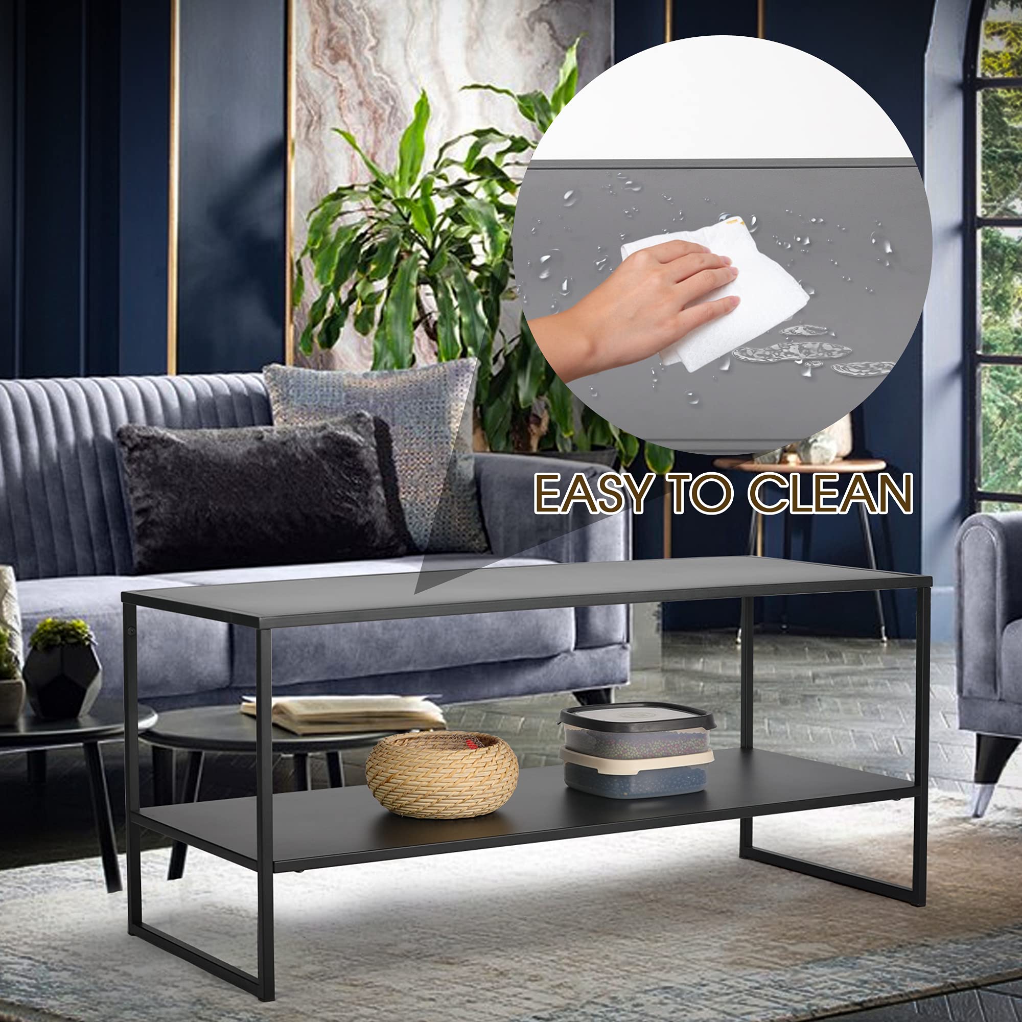 40 Inch Modern Rectangular Coffee Table with 2-Tier Shelf - Black Living Room Accent Table with Sturdy Metal Legs | Perfect for Small Spaces, Apartments & Lounge Areas