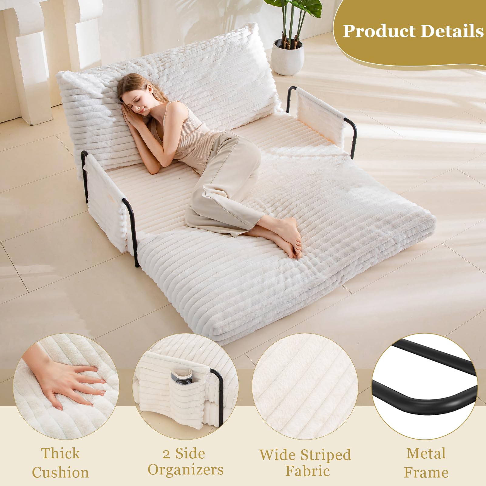 MAXYOYO Adjustable Lazy Floor Sofa - 5-Position Foldable Sleeper Chair with Armrests, Beige | Comfortable Floor Seating for Living Room, Bedroom & Small Spaces