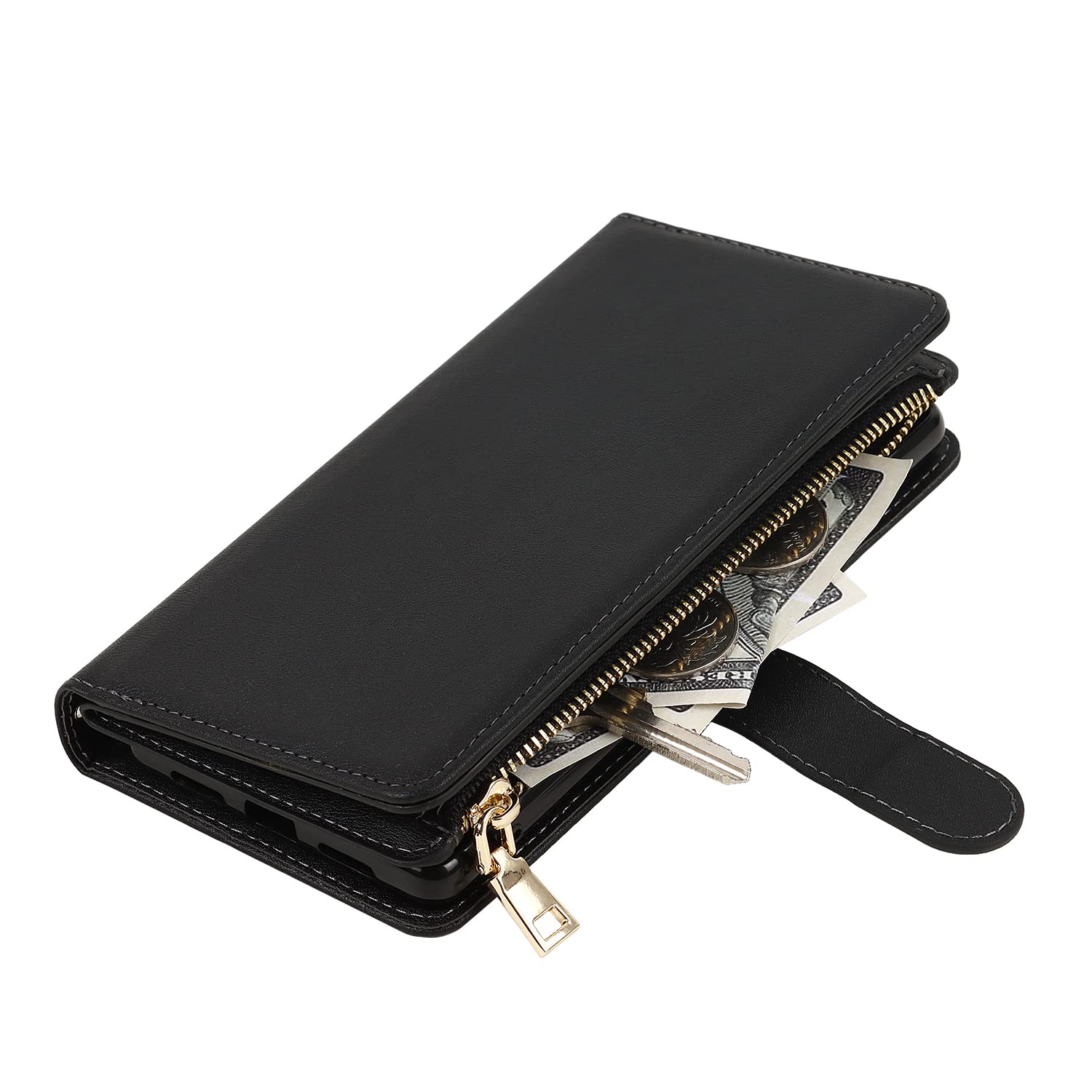Google Pixel 6 Wallet Phone Case - Leather Flip Cover with 9 Card Slots, Zipper Coin Pocket & Kickstand | Perfect for Work, Travel & Everyday Use (Black)