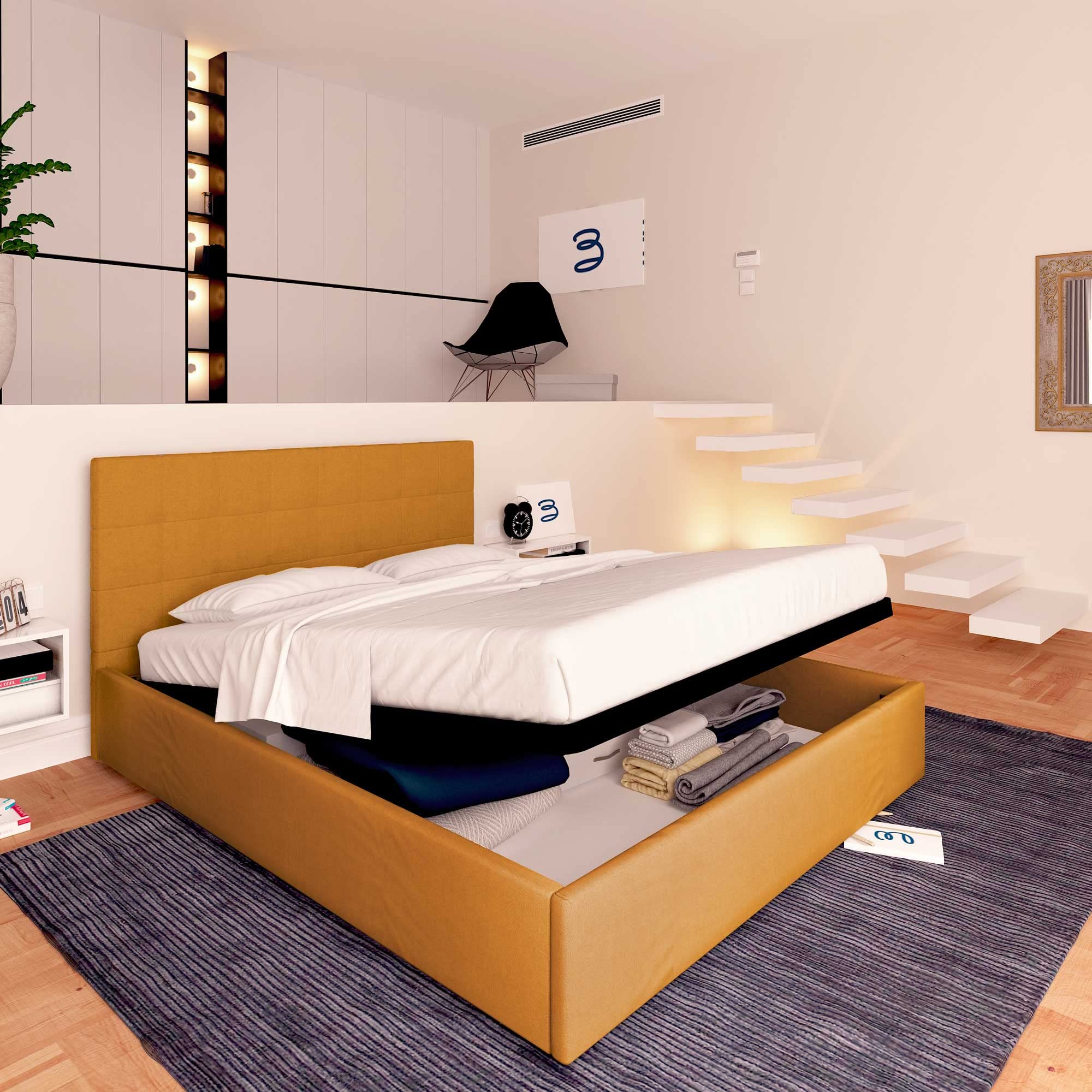 Baldiflex Single Bed Frame with Storage, Dublin Fabric Design, Slatted Base for Single Mattress, 90 x 190 cm, Elegant Headboard, Mango Color - Perfect for Small Bedrooms, Guest Rooms & Studio Apartments