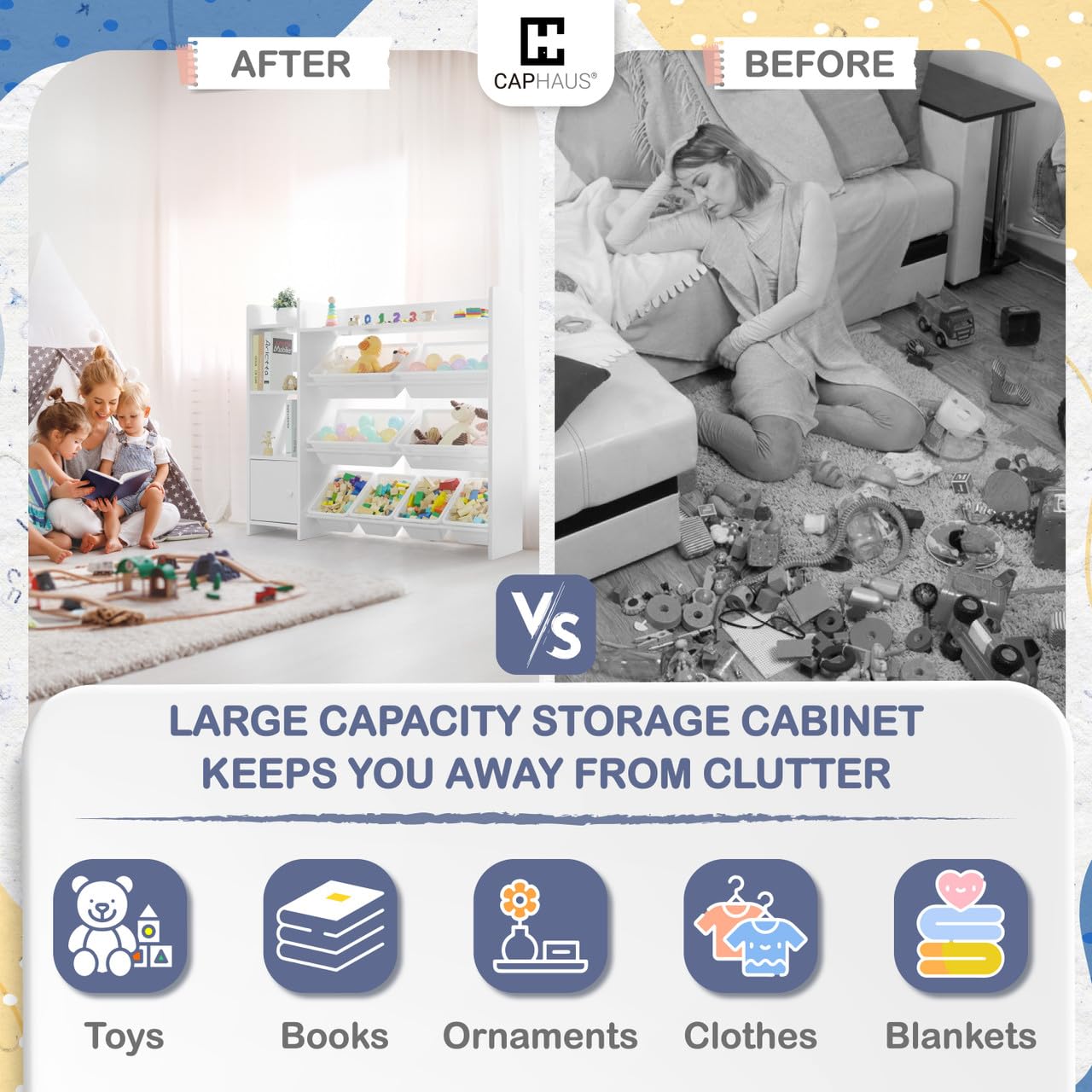 CAPHAUS 8-Bin White Plastic Toy Organizer & Storage Cabinet - Kids Room Organization for Toys, Books & Clutter - Durable Toddler Storage Solution for Playrooms, Bedrooms & Daycare Centers