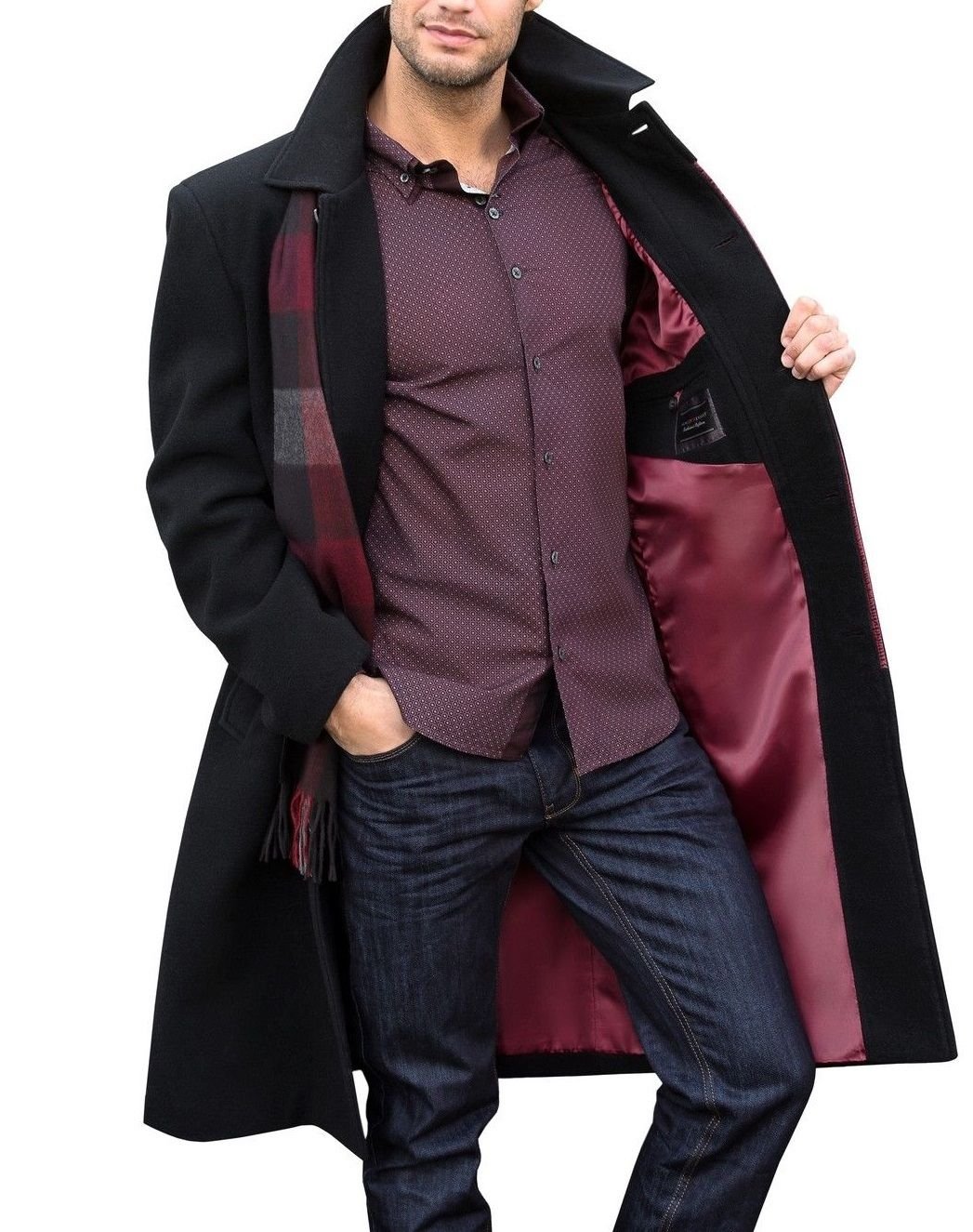 HENLEY & KNIGHT Men's Premium Black 3/4 Length Wool Blend Overcoat | Winter Warm Wool Blend Coat for Business & Formal Occasions