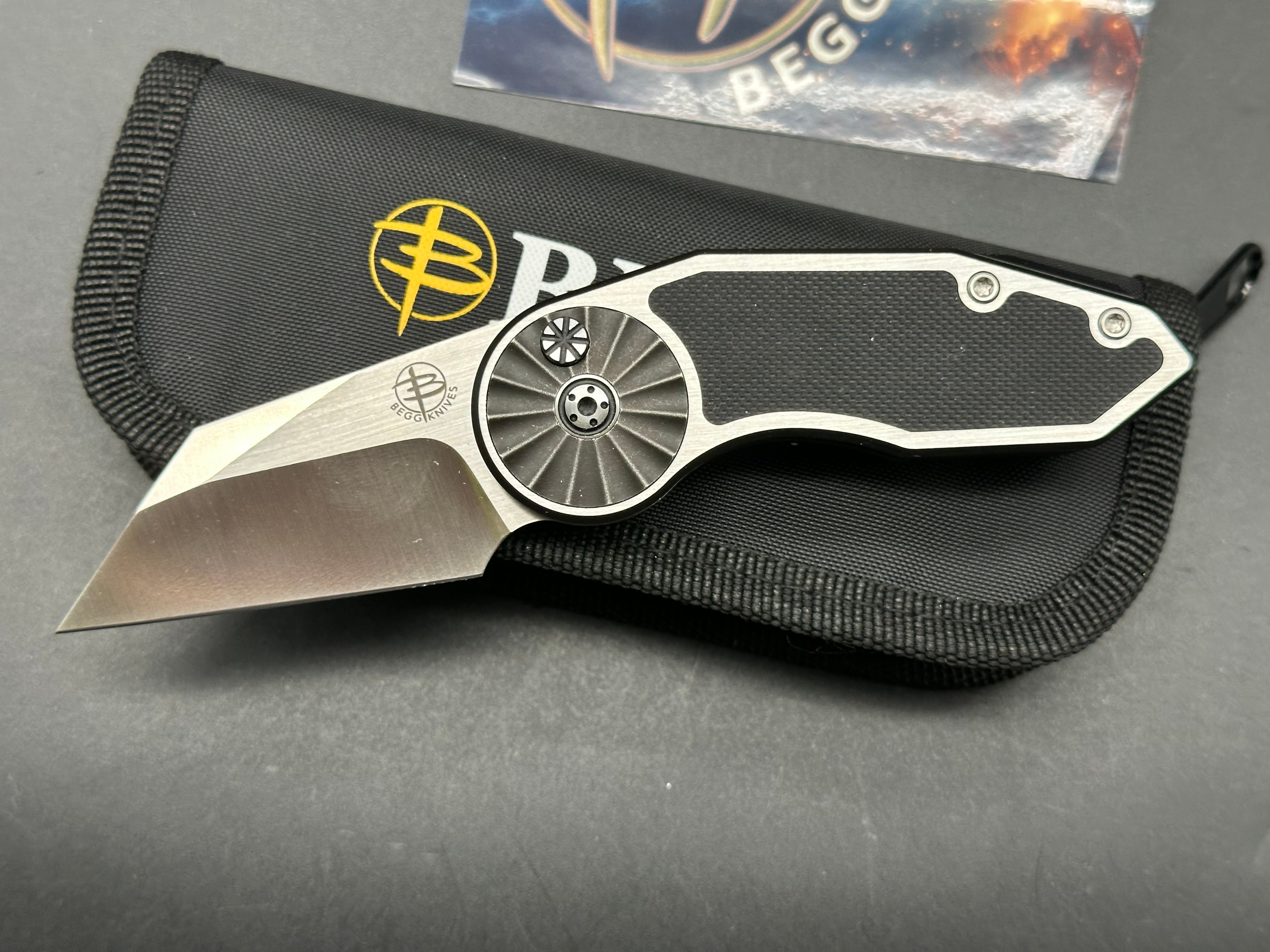 Begg Knives Micro Burst Rosette Button Lock Folding Knife - Aluminum & Black G10 Handle - EDC Pocket Knife for Camping, Hiking, and Outdoor Adventures