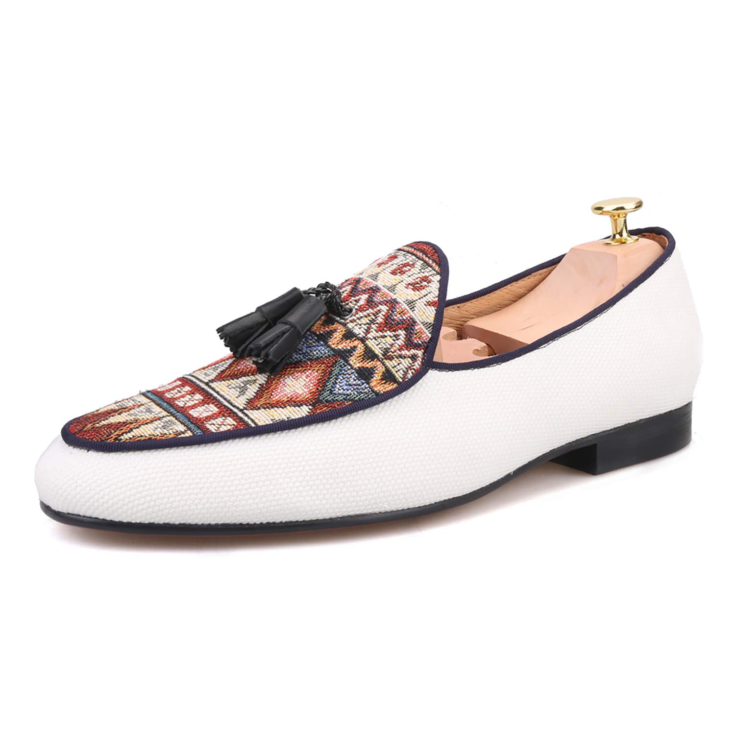 HI&HANN Men's Cotton Canvas Loafers with Paisley Pattern - Stylish Tassel Dress Shoes for Weddings, Parties & Formal Events - Comfortable Smoking Slippers & Casual Flats for Men