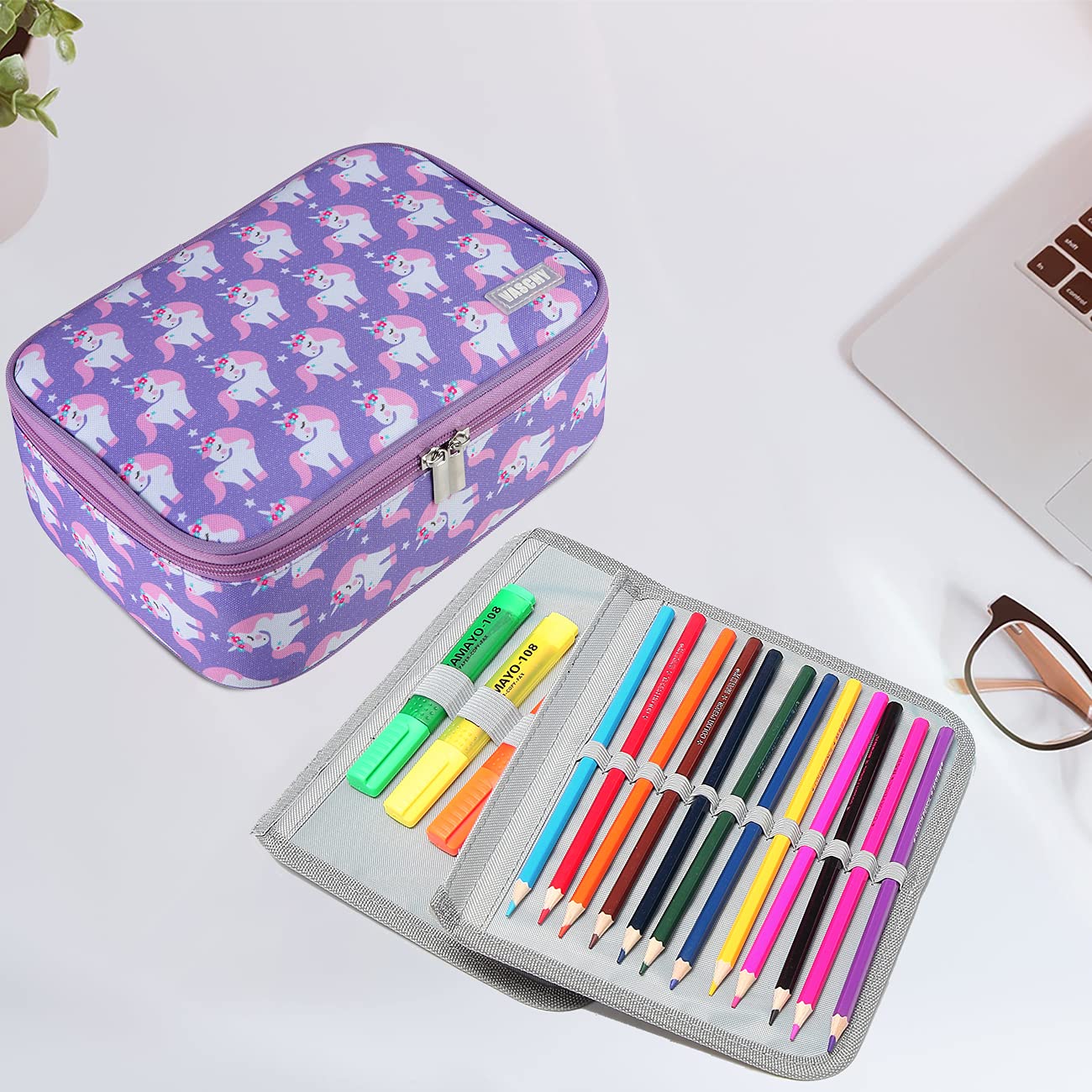 VASCHY Large Pencil Case with Detachable Layers - Purple Unicorn for School & Office Organization
