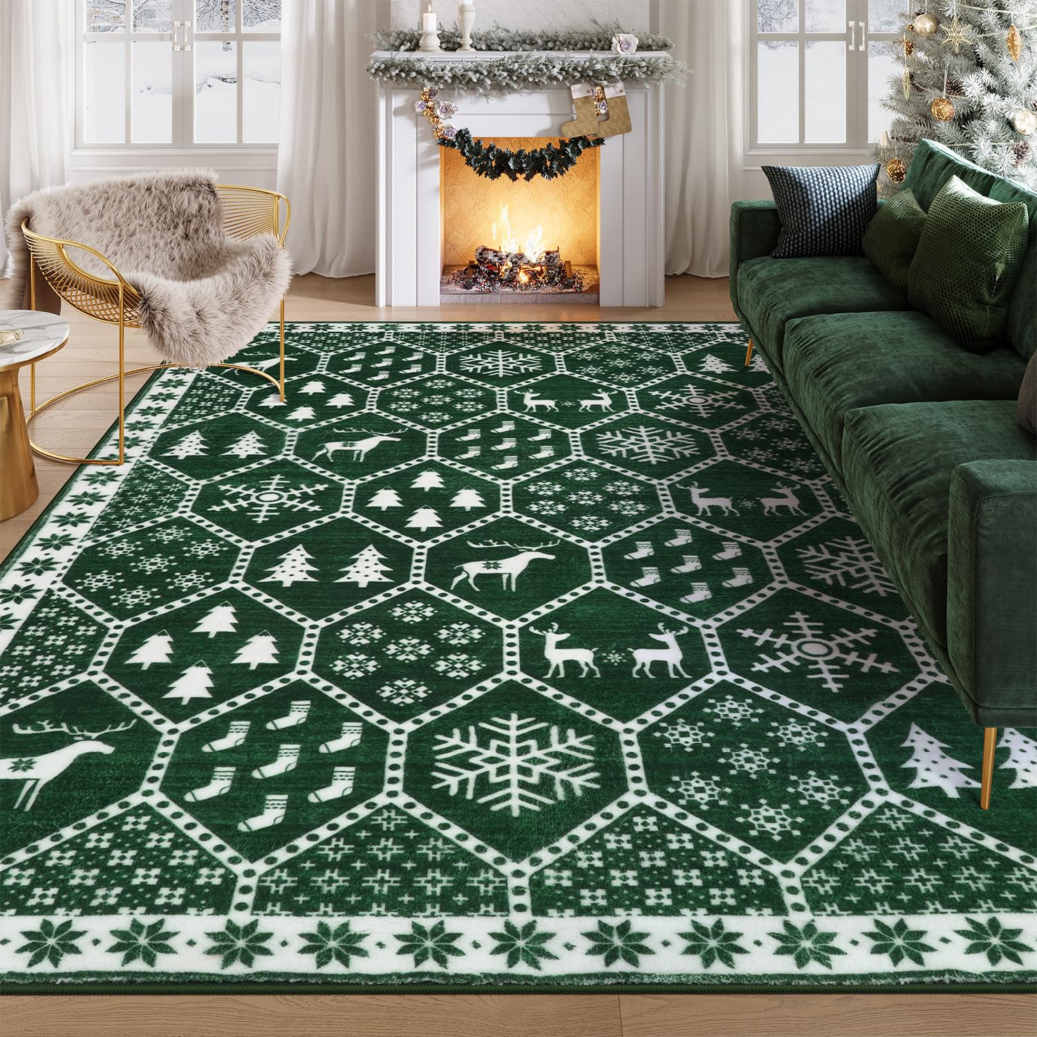 Seavish 8x10 Christmas Area Rug - Soft Low Pile Washable Indoor Rug for Living Room, Bedroom, Dining Room & Entryway - Non-Shedding Holiday Decor Floor Carpet - Perfect for Festive Home Decor and Cozy Winter Gatherings