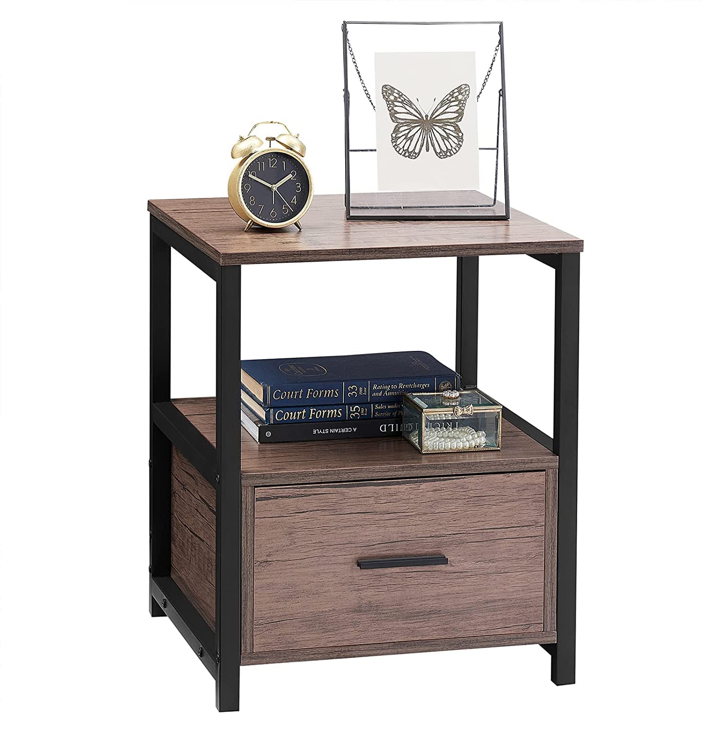 VECELO Modern Nightstand with Drawer - Square End Table for Bedroom & Living Room - Small Space Night Stand with Open Shelf - Sturdy Metal Frame - Perfect for Coffee, Books & Bedside Storage