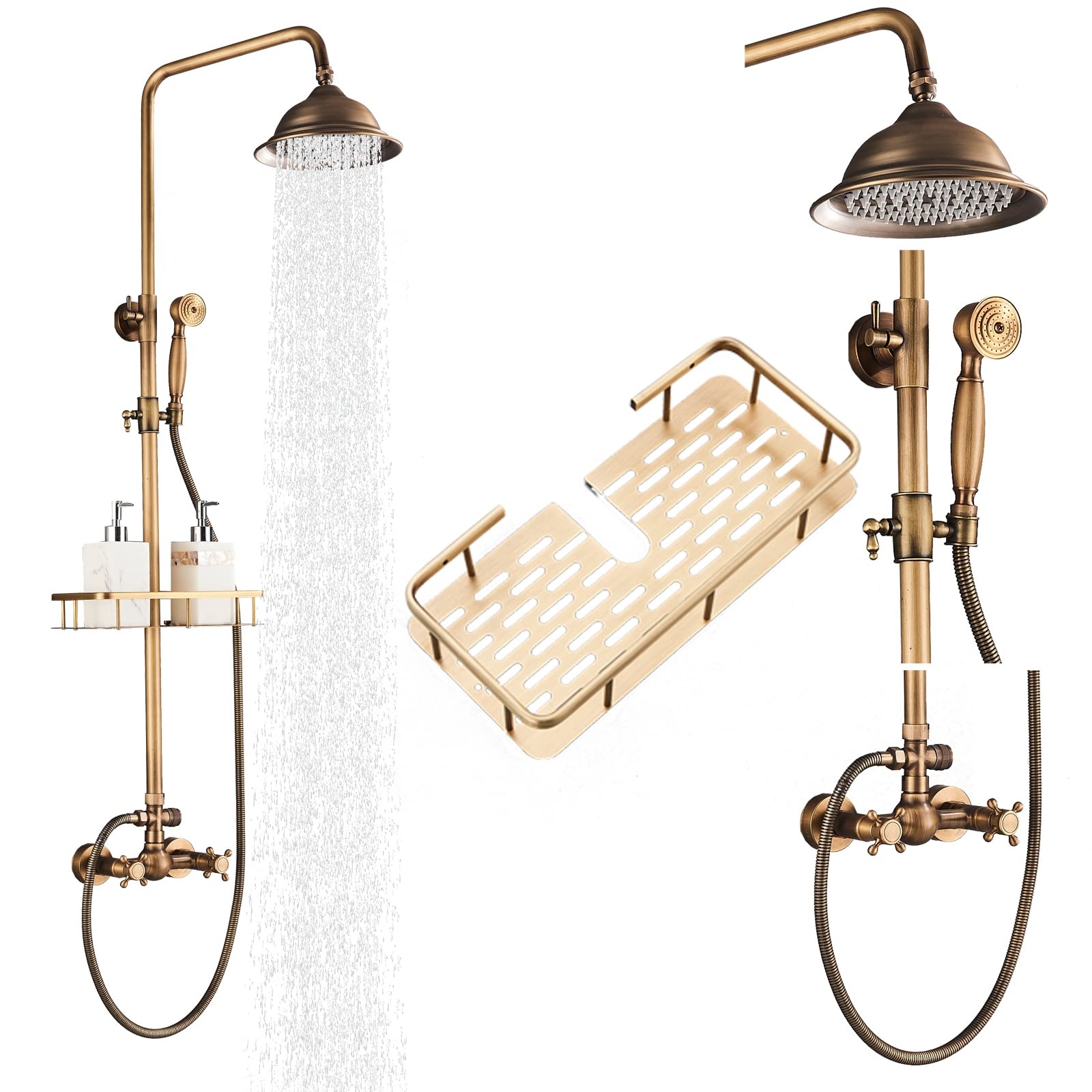 Gmusre Antique Brass Shower Faucet Set - 8 Inch Rainfall Shower Head with Dual Cross Handheld & Wall Mount Fixture - Complete Bathroom Shower System with Shelf - Perfect for Vintage & Modern Bathroom Decor