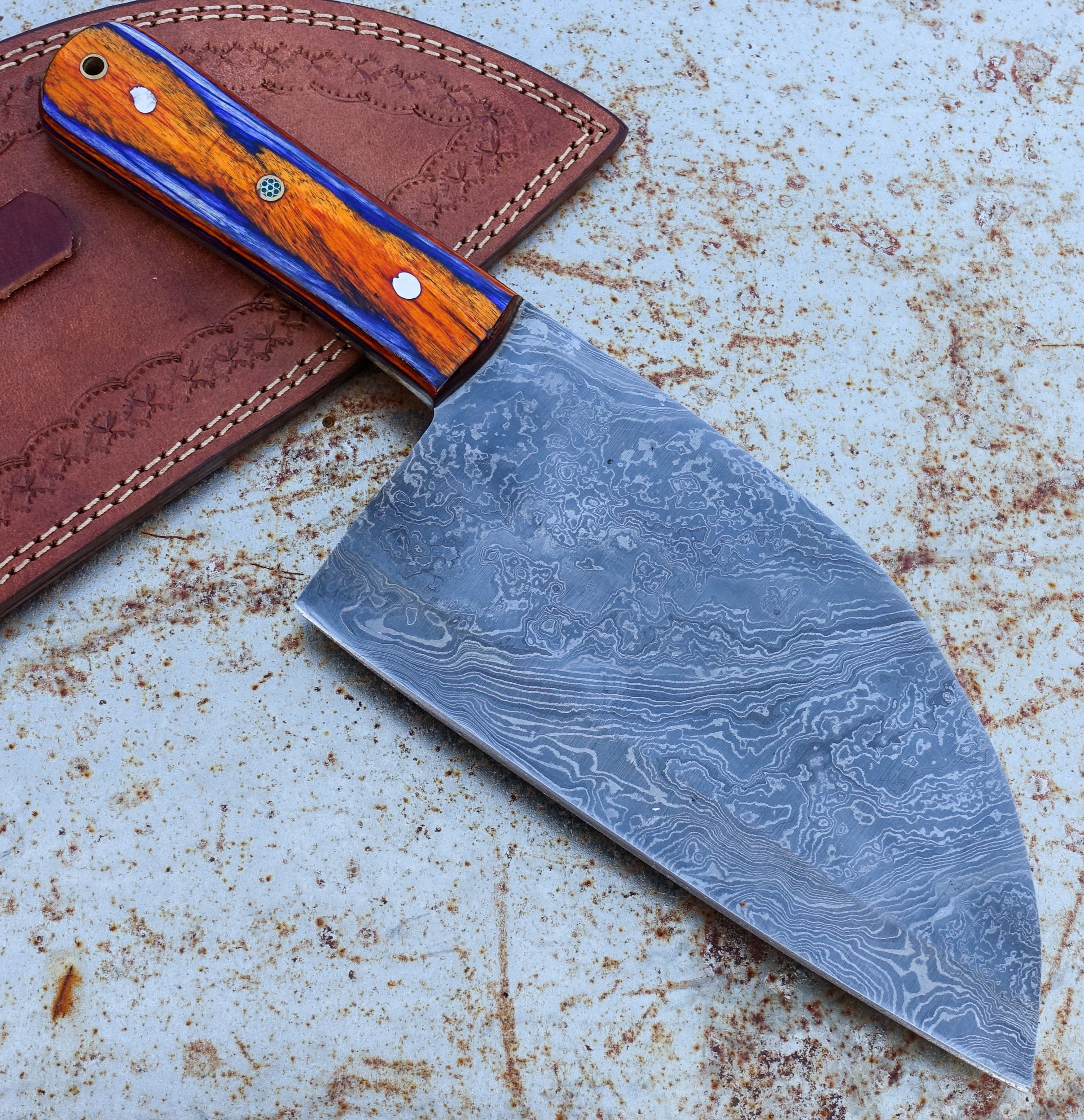 Premium HK Knives 7-Inch Damascus Steel Cleaver with Protective Sheath - #5 Best Seller - Perfect for Professional Chefs & Home Cooking, Meat Cutting, Chopping Vegetables, and Outdoor Camping