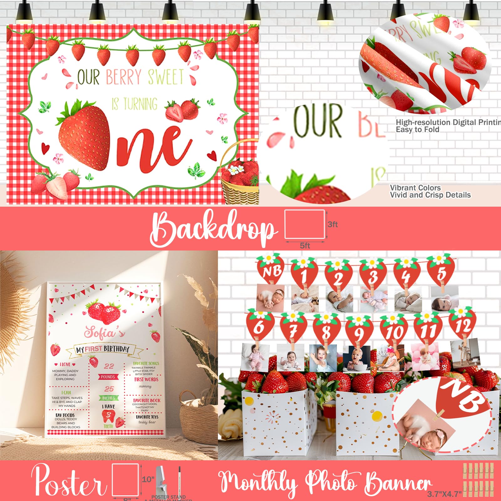 Sweet Strawberry First Birthday Party Decorations for Girls - Berry Themed 1st Birthday Party Supplies for One Year Old - Perfect for Baby's First Birthday, Photoshoots & Celebrations