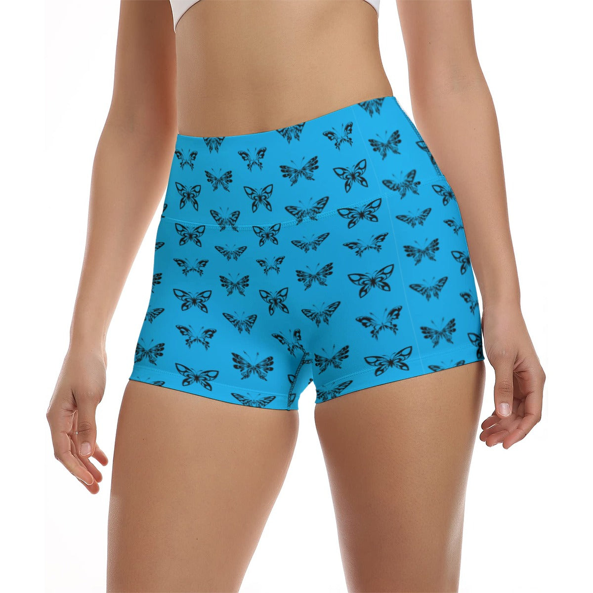 Blue Ink Butterfly Print High Waist Yoga Shorts for Women - Ultra Soft & Stretchy Workout Shorts for Yoga, Running, Gym & Lounge