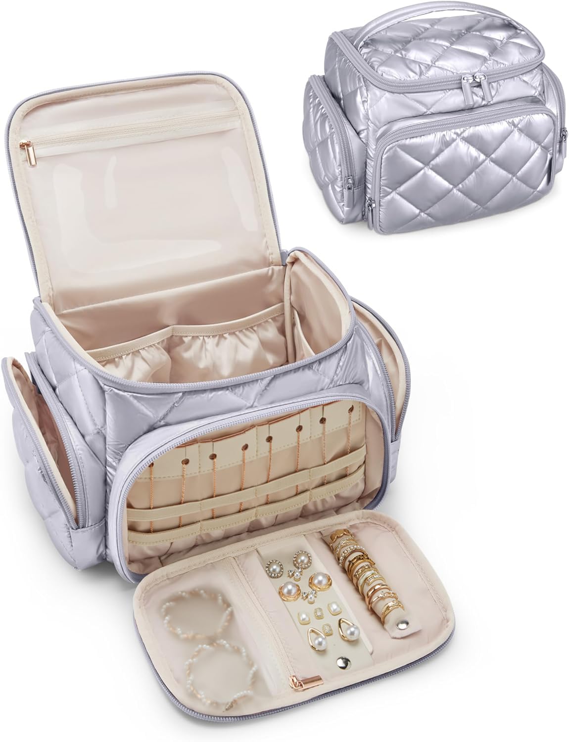 BAGSMART Large Makeup Bag with Jewelry Organizer - Waterproof Travel Toiletry Bag with Multiple Compartments, Cosmetic Organizer for Women, Perfect for Travel Size Toiletries & Accessories (Silver) | Ideal for Vacation, Business Trips & Daily Organization