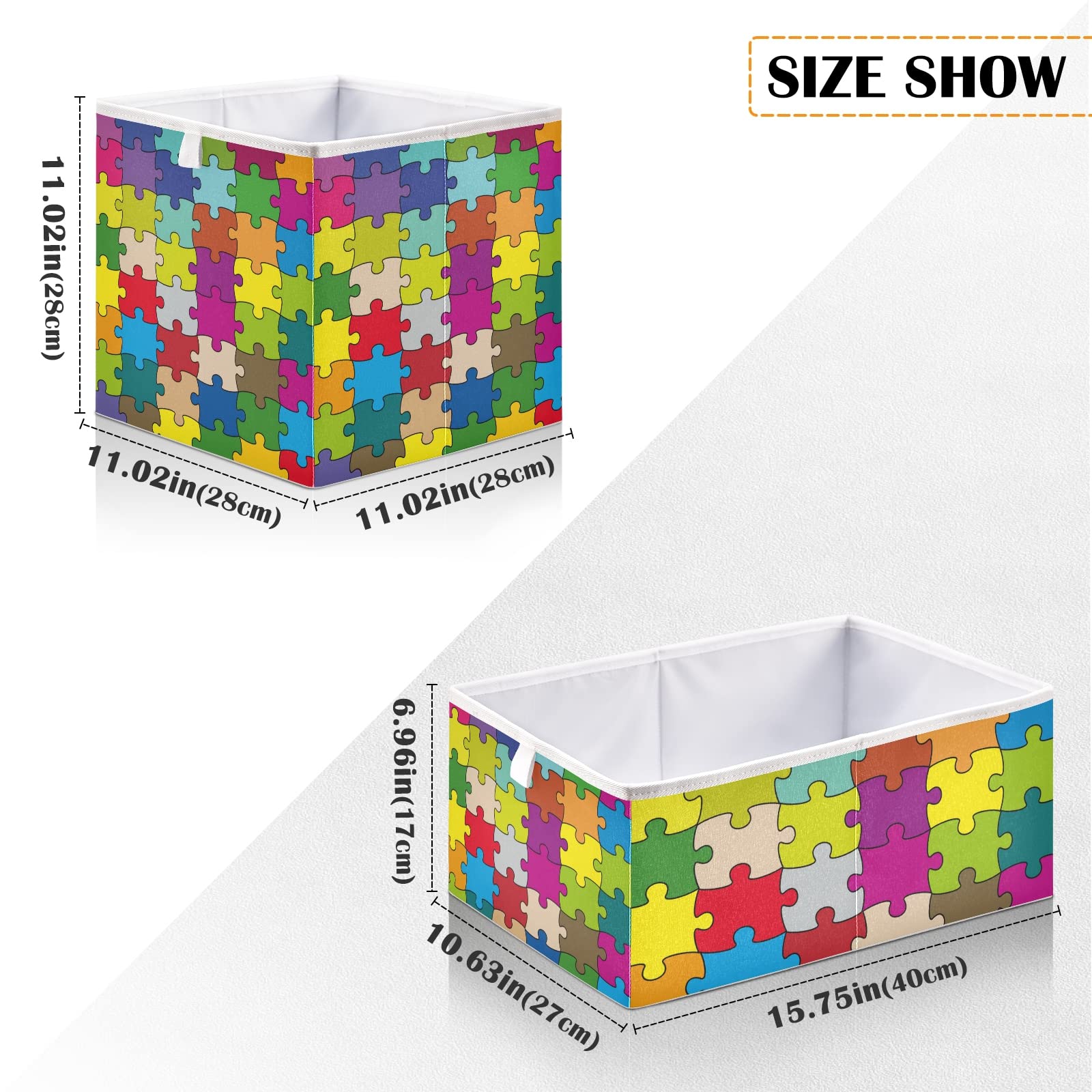 Poeticcity Colorful Puzzle Pattern Collapsible Storage Basket - Foldable Rectangular Organizer Bin for Toys, Clothes & Nursery | Easy Assembly Home & Office Organization Solution