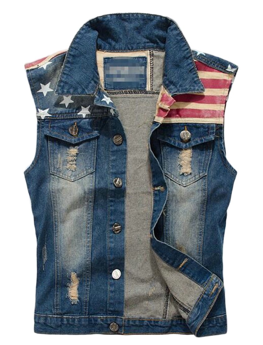 **American Flag Denim Vest for Men - Distressed Sleeveless Jacket with Ripped Details | Patriotic Fashion for Concerts, Festivals & Casual Outfits**