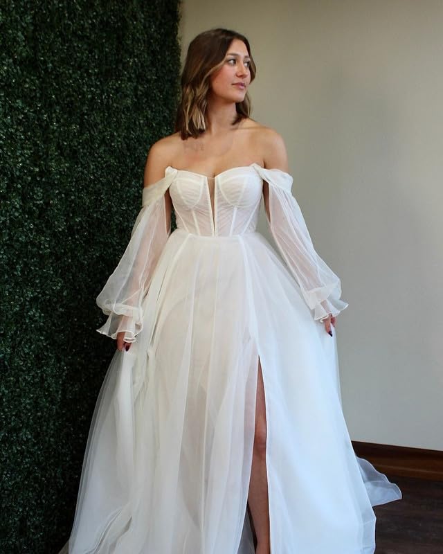 Elegant Long Sleeve Prom Dresses with High Slit | Off Shoulder Corset Tulle Wedding Gowns | Formal Evening Dresses for Homecoming, Ball, and Special Occasions