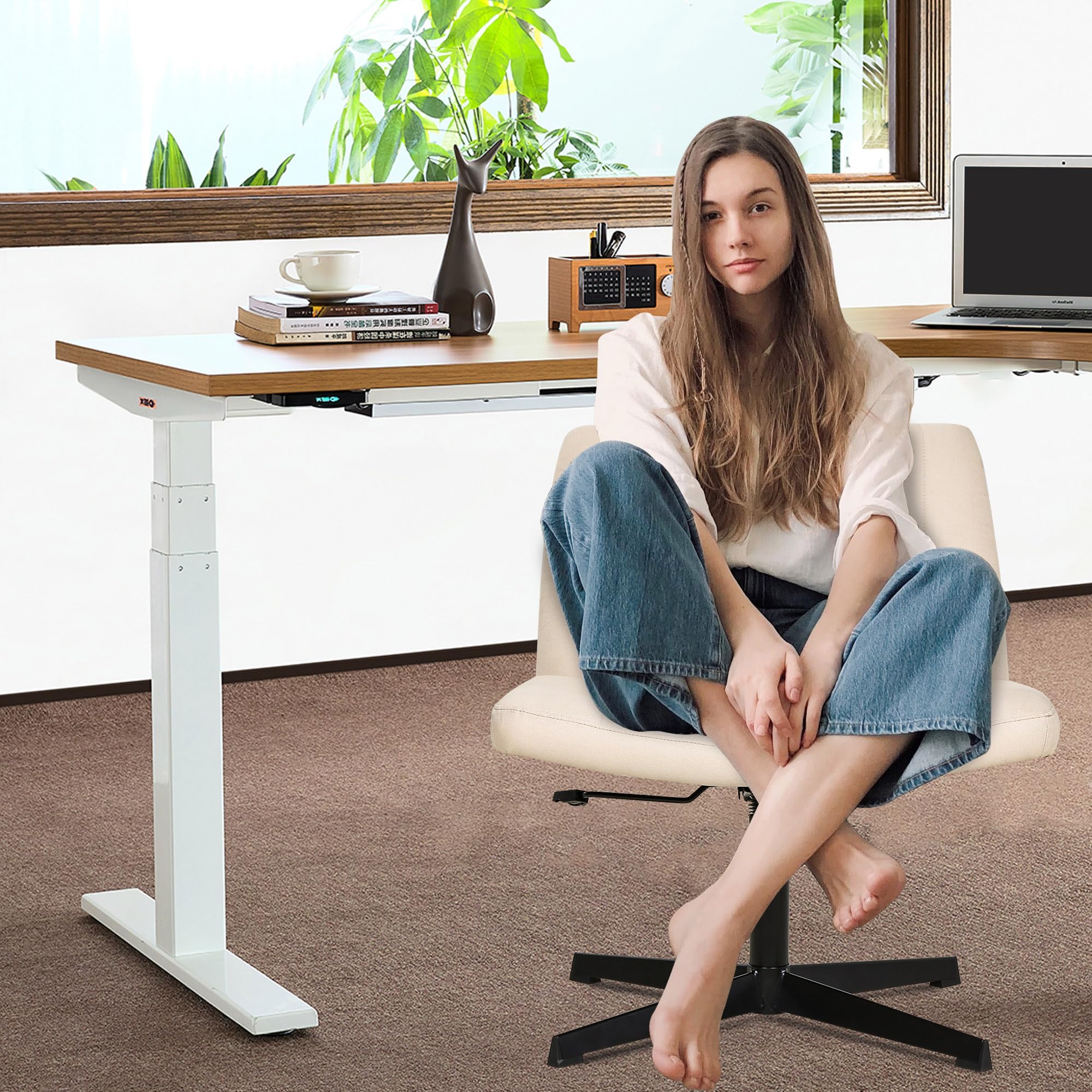 FDW Criss Cross Armless Office Chair - Adjustable Swivel Ergonomic Desk Chair with U-Shaped Backrest & Wide Seat, No Wheels, Cross-Legged Design - Perfect for Home Office, Computer Work, and Vanity Tasks