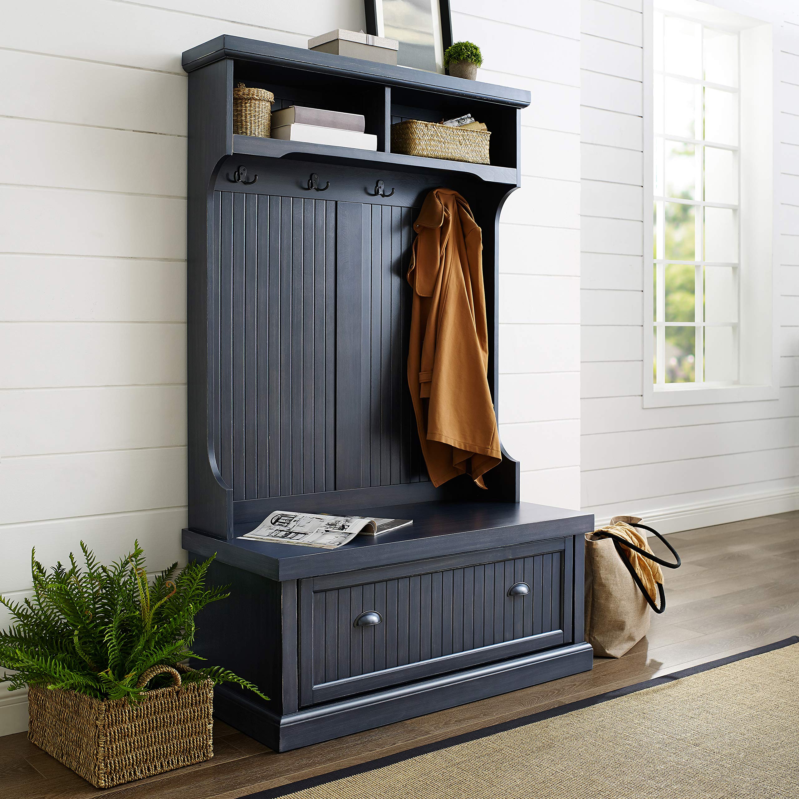Crosley Furniture Seaside Hall Tree with Shoe Rack Bench & Coat Hooks - Entryway Storage Organizer with Distressed Navy Finish | Perfect for Small Spaces, Mudrooms, and Home Entry Organization