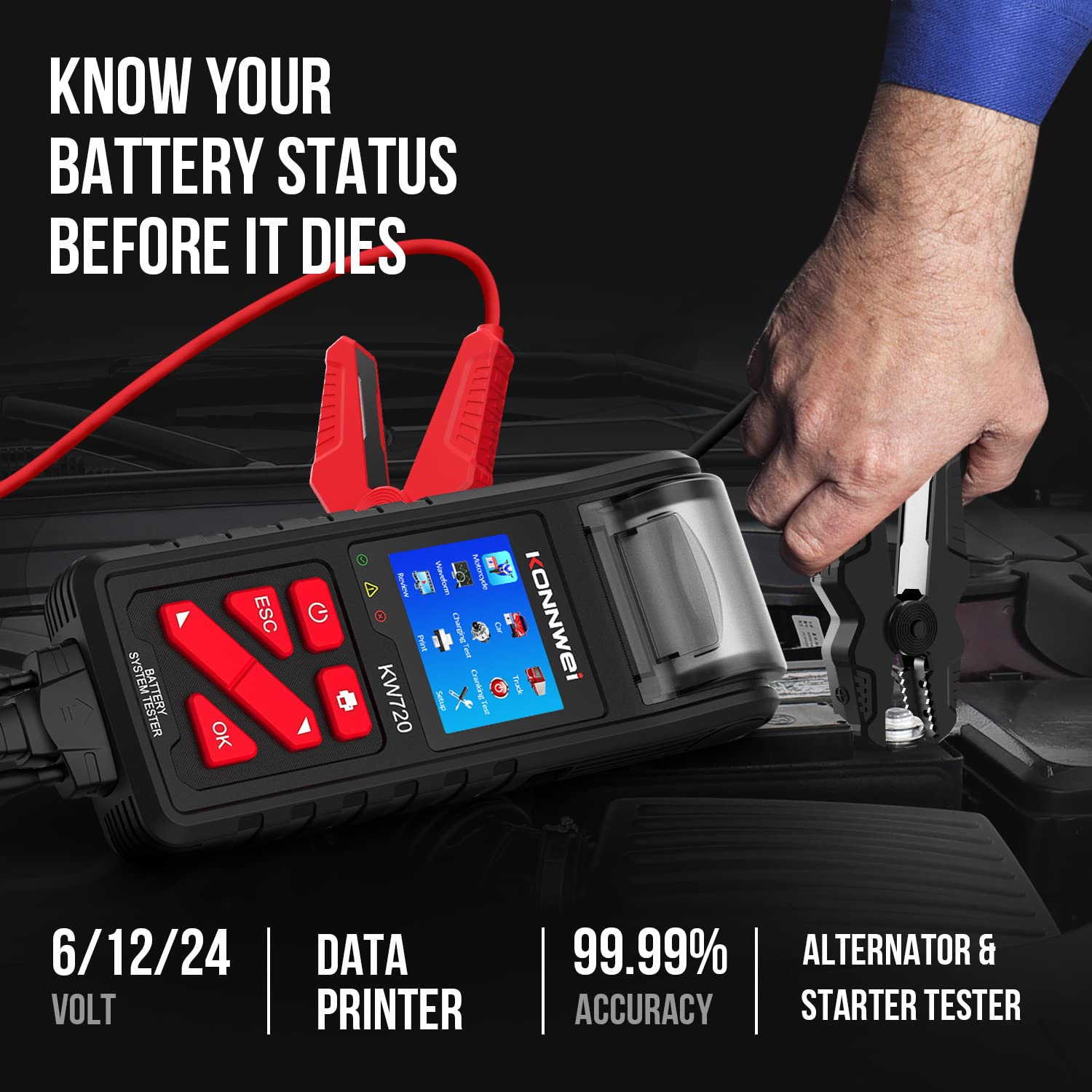 KONNWEI KW720 6V 12V 24V Car Battery Tester with Printer - Digital Auto Battery Analyzer & Alternator Starter Tester for Car, Truck, Motorcycle (100-2000CCA, Includes Paper) - Perfect for DIY Auto Maintenance & Professional Vehicle Diagnostics