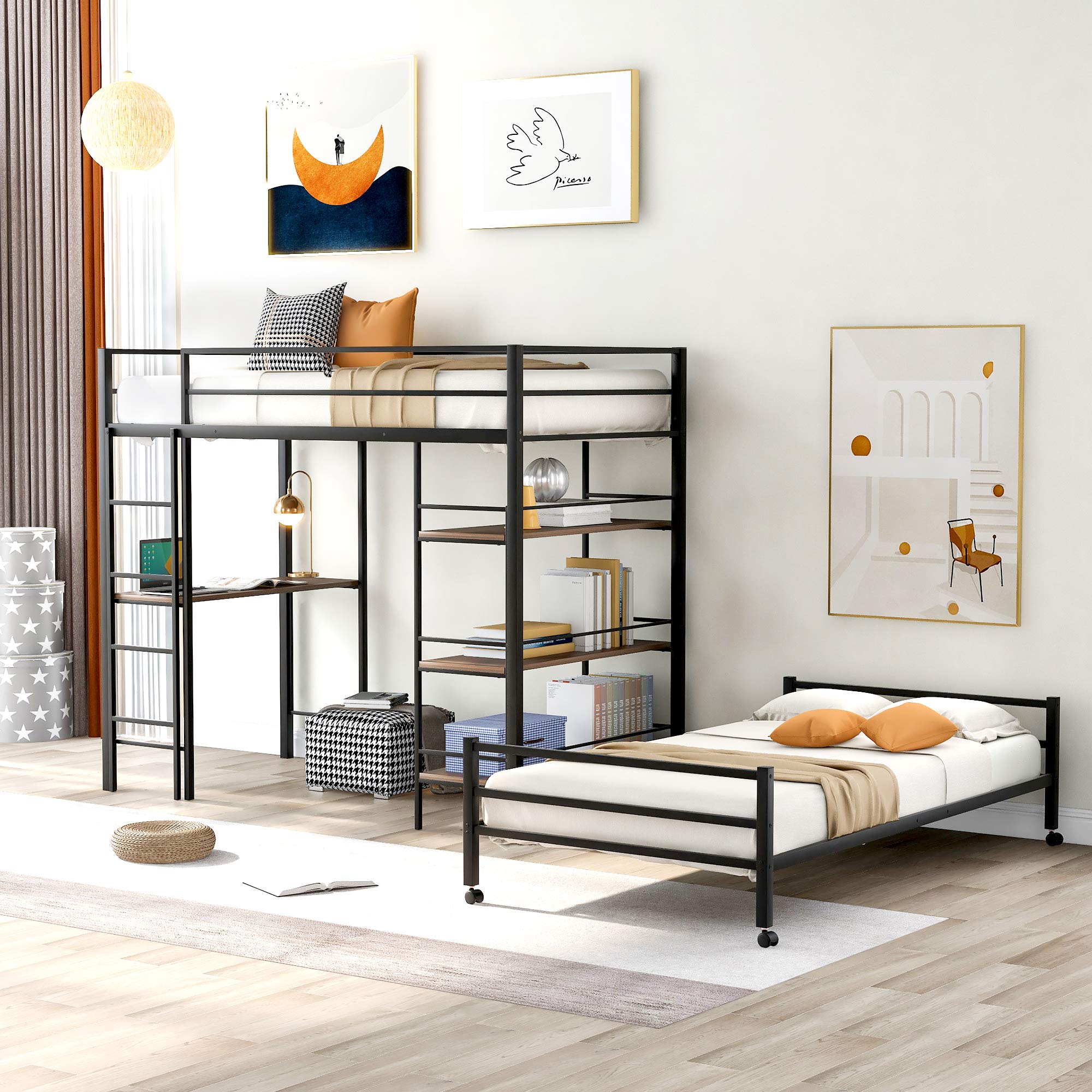 Steel Frame Twin Over Twin Bunk Bed with Shelves - Space-Saving Metal Loft Bed with Built-in Desk & 3-Tier Storage Shelf | Perfect for Kids' Rooms, Dormitories & Small Apartments