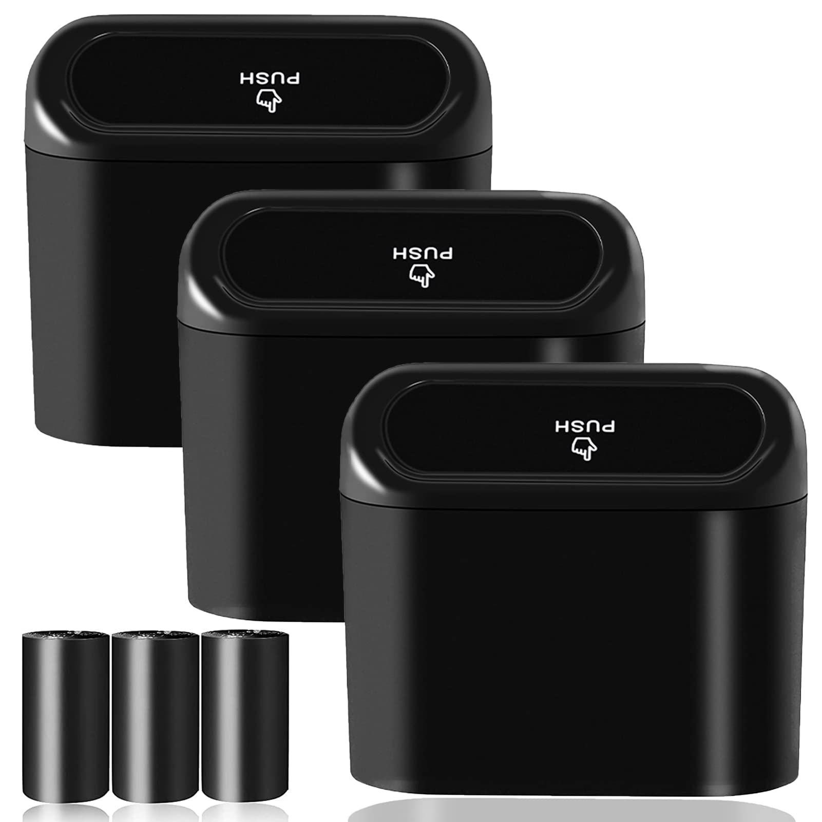 3-Pack Leakproof Car Trash Can with Lid & 60 Trash Bags - Universal Vehicle Garbage Bin Organizer for Auto, Office, Home - Perfect for Road Trips, Commuting, and Keeping Vehicles Clean (Black)