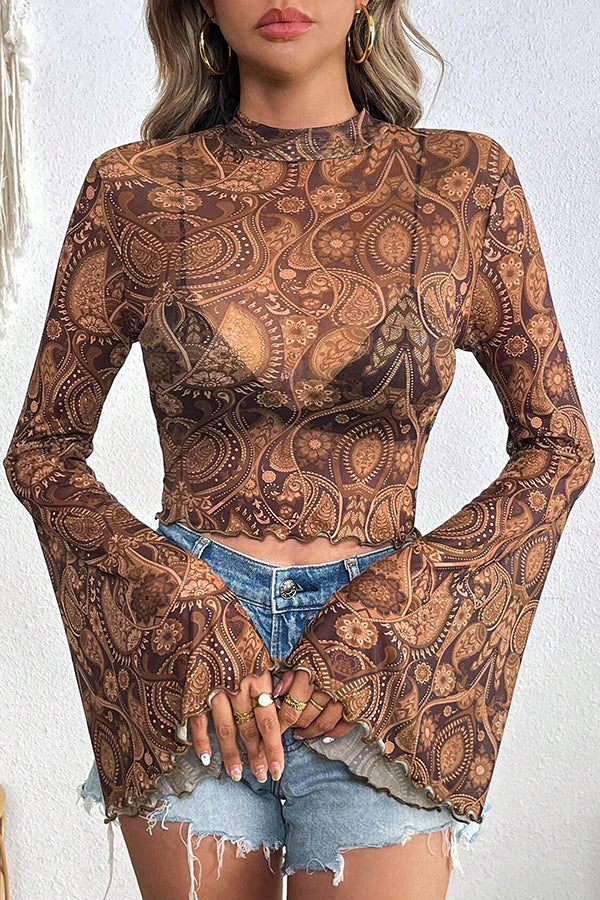 Stylish Printed Mesh Trumpet Sleeve Slim Fit Blouse for Women | Fashionable Party & Evening Wear