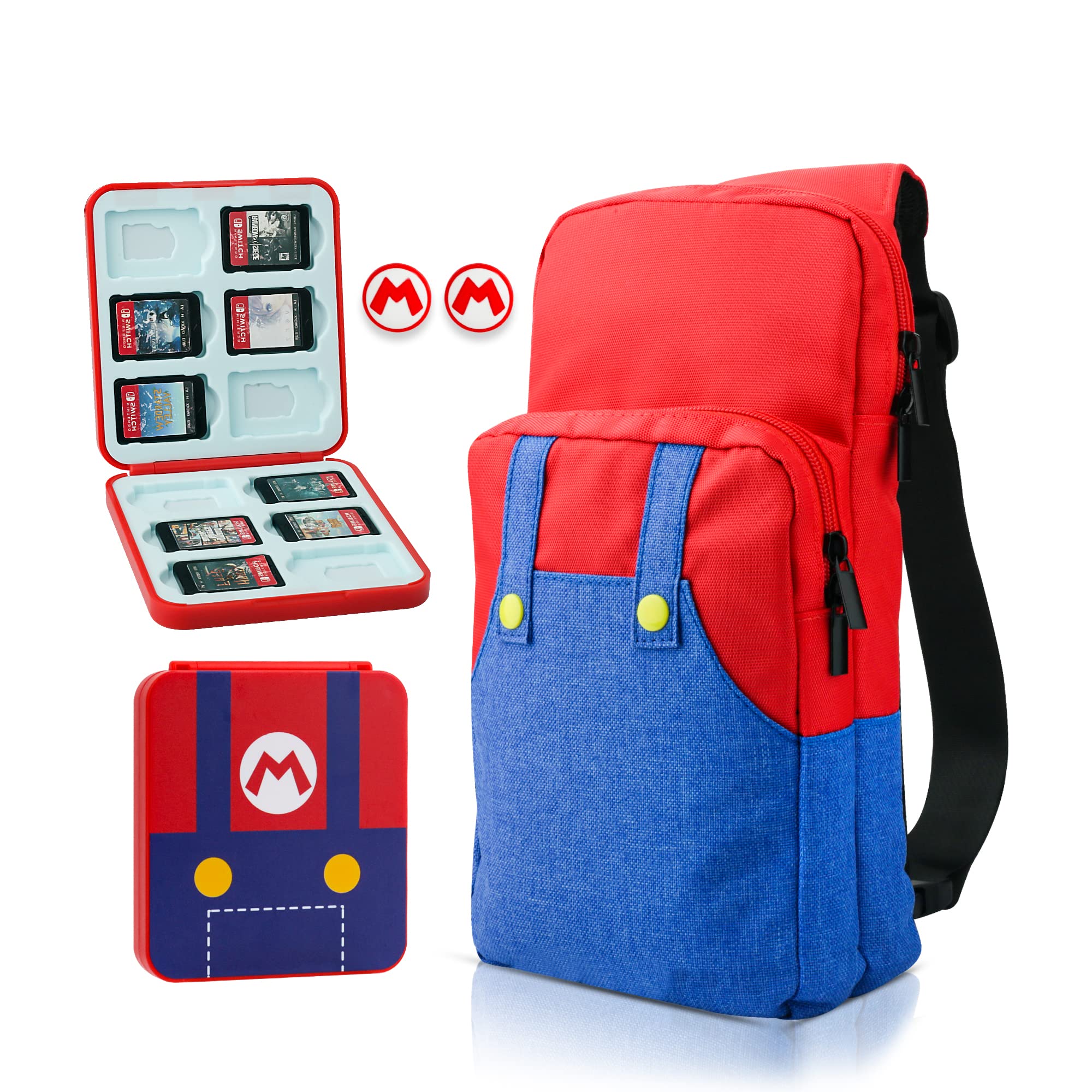 Cute Mario Switch Travel Bag for Nintendo Switch/OLED/Lite - Portable Crossbody Backpack with Game Case Holder & Thumb Caps - Perfect for Gaming On-The-Go