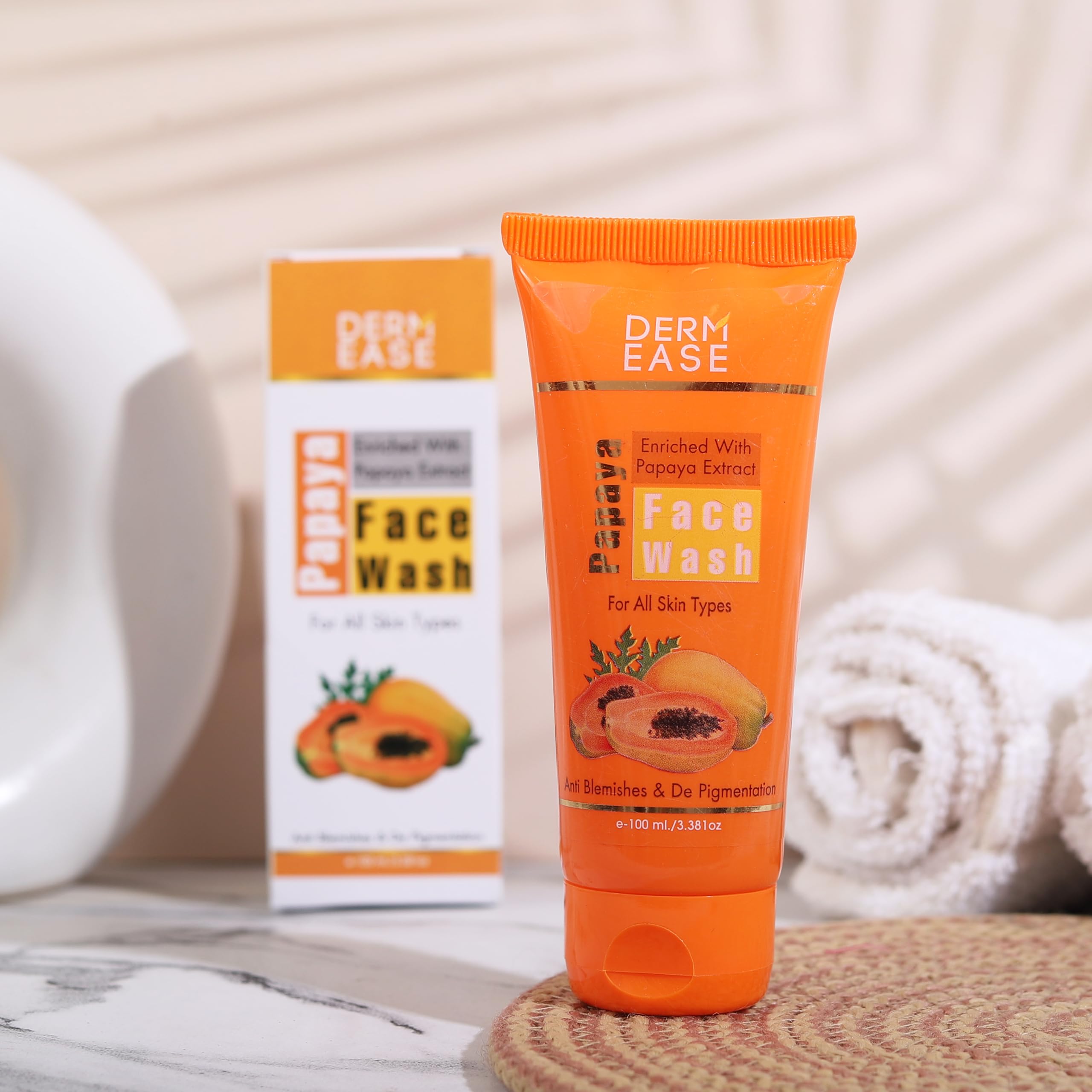 DERM EASE Papaya Face Wash for Acne & Brightening - 100ml Gentle Cleanser for Oily & Sensitive Skin | Daily Skincare Routine, Travel-Friendly Tube