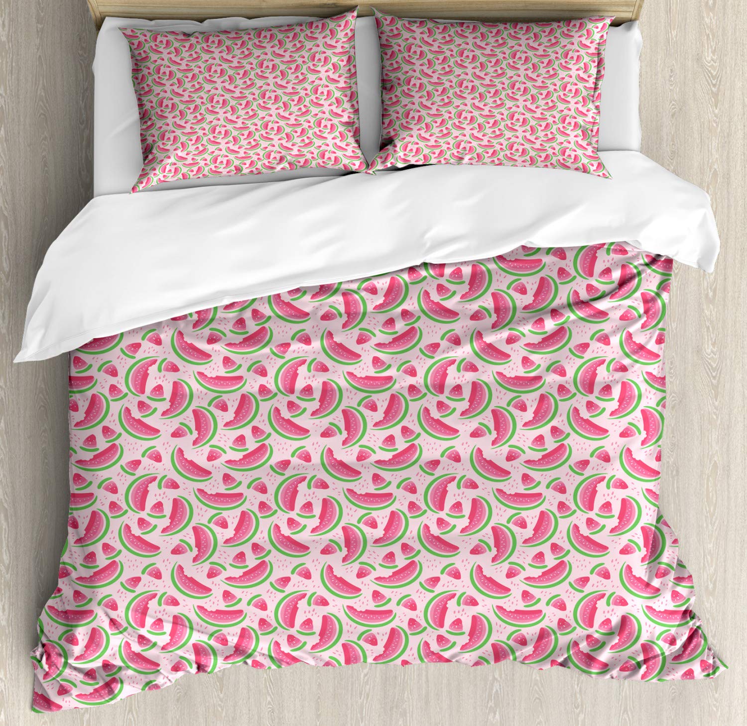Lunarable Watermelon Duvet Cover Set - King Size 3-Piece Bedding with 2 Pillow Shams | Summer Fresh Fruit Pattern in Pink & Shamrock Green | Perfect for Kids' Rooms, Summer Decor & Tropical Themed Bedrooms