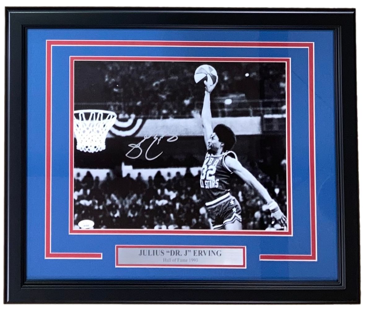 Julius 'Dr. J' Erving Autographed Framed 11x14 Philadelphia 76ers Photo with JSA COA - Perfect for NBA Memorabilia Collectors & Sports Fans