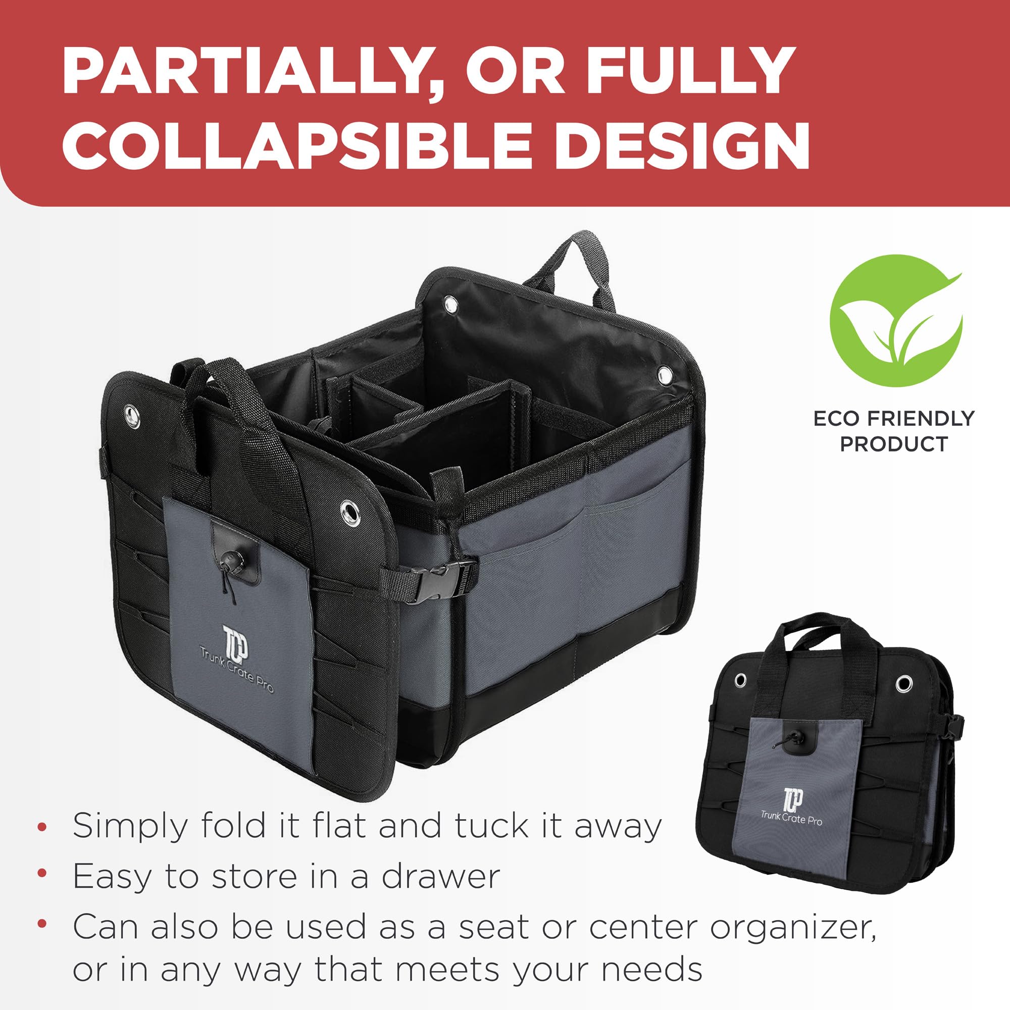 TRUNKCRATEPRO Large Capacity Car Storage Organizer - Premium Adjustable Compartments for SUV, Truck & Car | Collapsible Gray Trunk Organizer | Perfect for Road Trips, Groceries & Sports Gear Storage