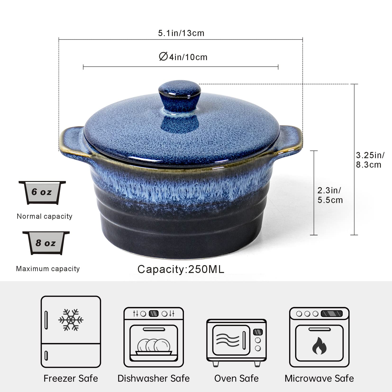 UNICASA 8 oz Ceramic Ramekins with Lids, Set of 4 Mini Casserole Dishes with Handles - Porcelain Baking Bowls, Oven-Safe Small Cocotte for Crème Brûlée, Soufflé, Desserts (Blue Reactive Glaze) - Perfect for Baking, Serving, and Meal Prep