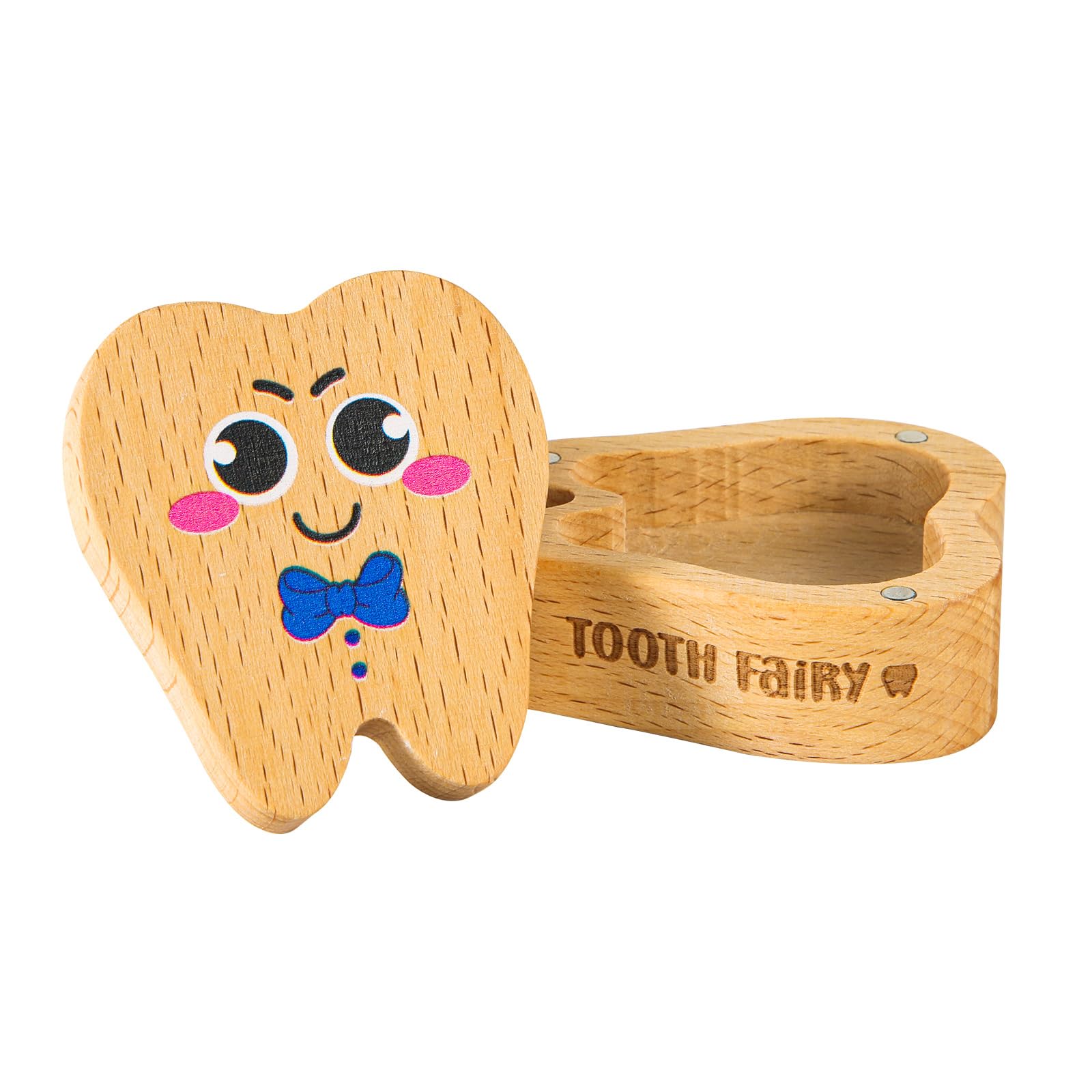 Wooden Tooth Fairy Keepsake Box with Magnetic Lid - First Tooth Storage, Cute Tooth-Shaped Gift for Lost Teeth (Engraved Bow Tie) - Perfect Baby Shower, Birthday & Milestone Souvenir for Boys & Girls